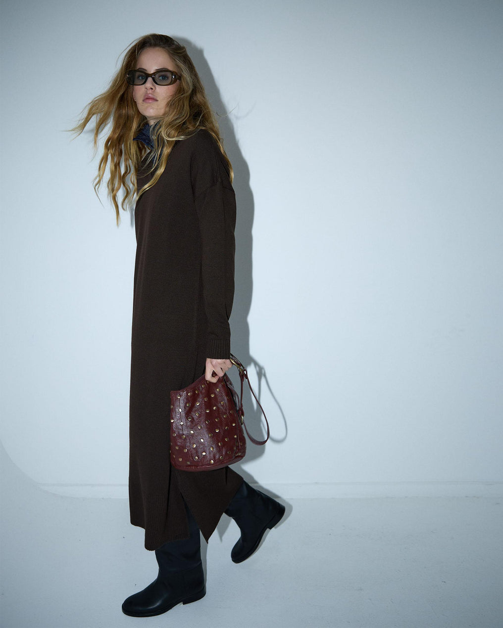 Vestido Punto Cuello Pico Marrón