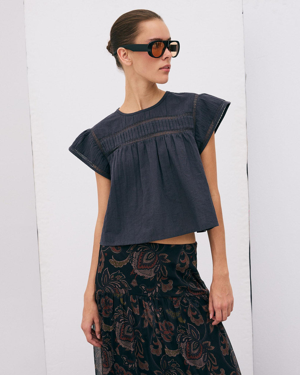 Blouse Manches Courtes Dentelle Avant Anthracite