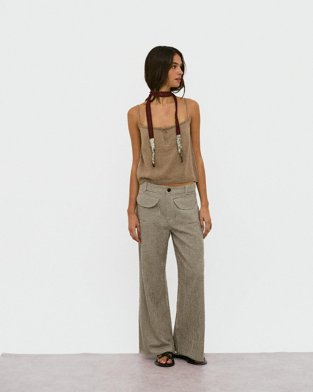 Pantalón Cuadros Bolsillos Seersucker Beige