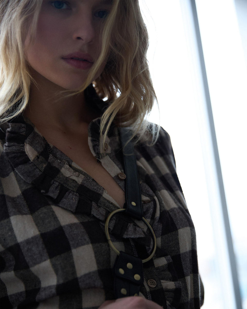 Brown Gingham Blouse with Ruffle