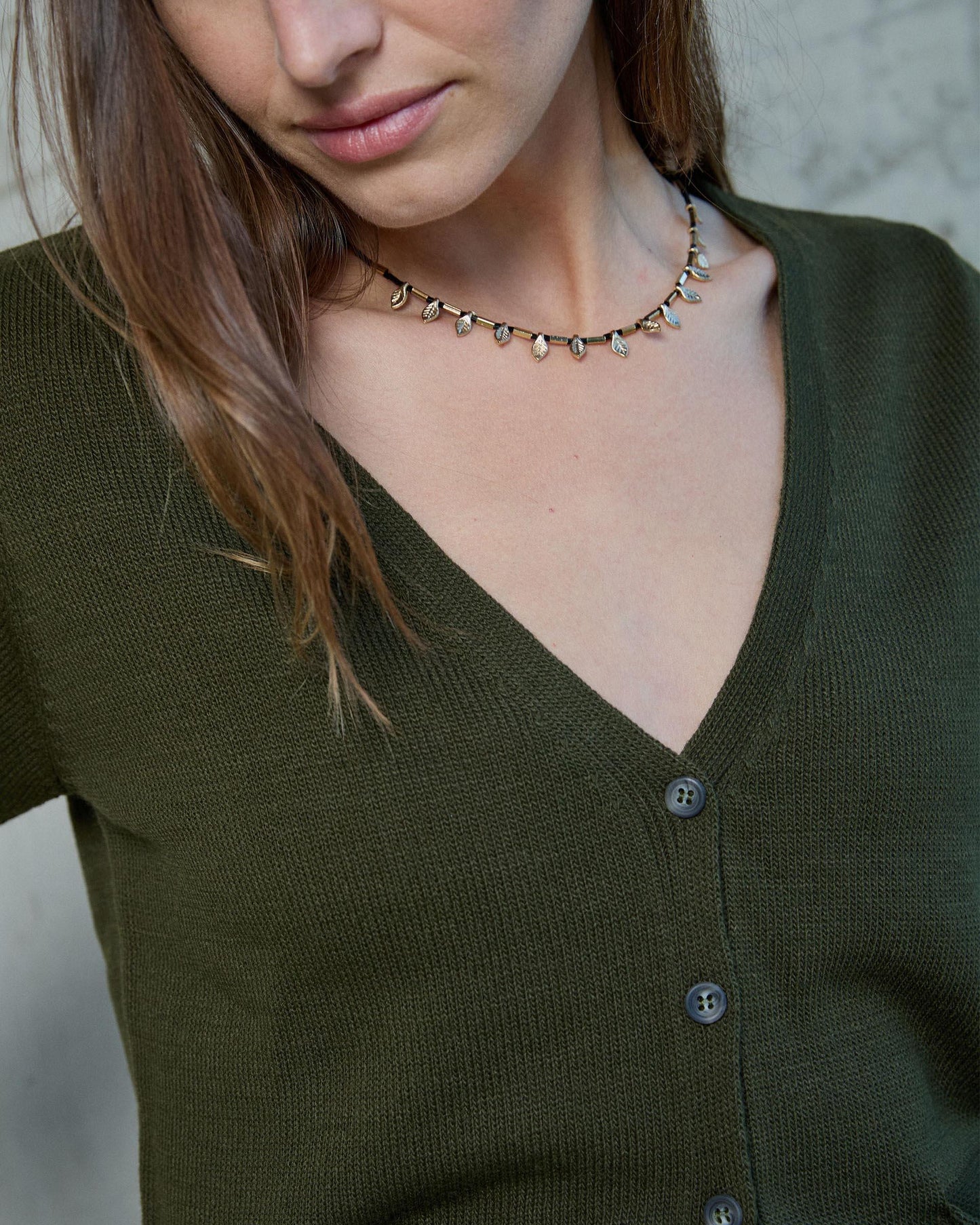 Military Green V-Neck Jacket with Pockets