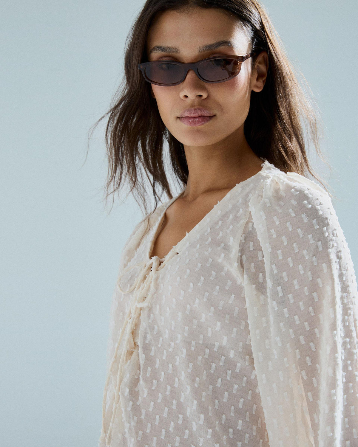 White Swiss-Dot Tie Blouse