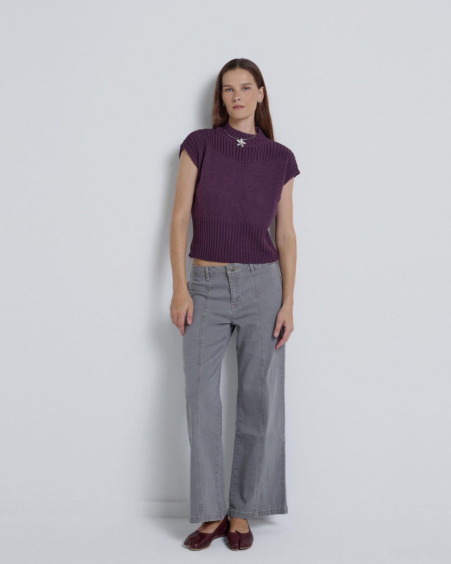 Purple Chunky Knit High Neck Vest