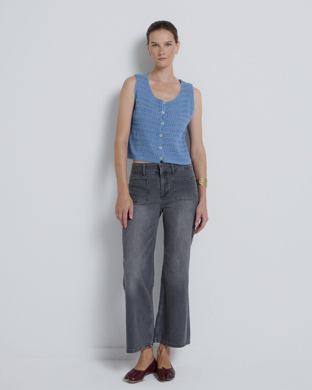 Chaleco Botones Calado Azul