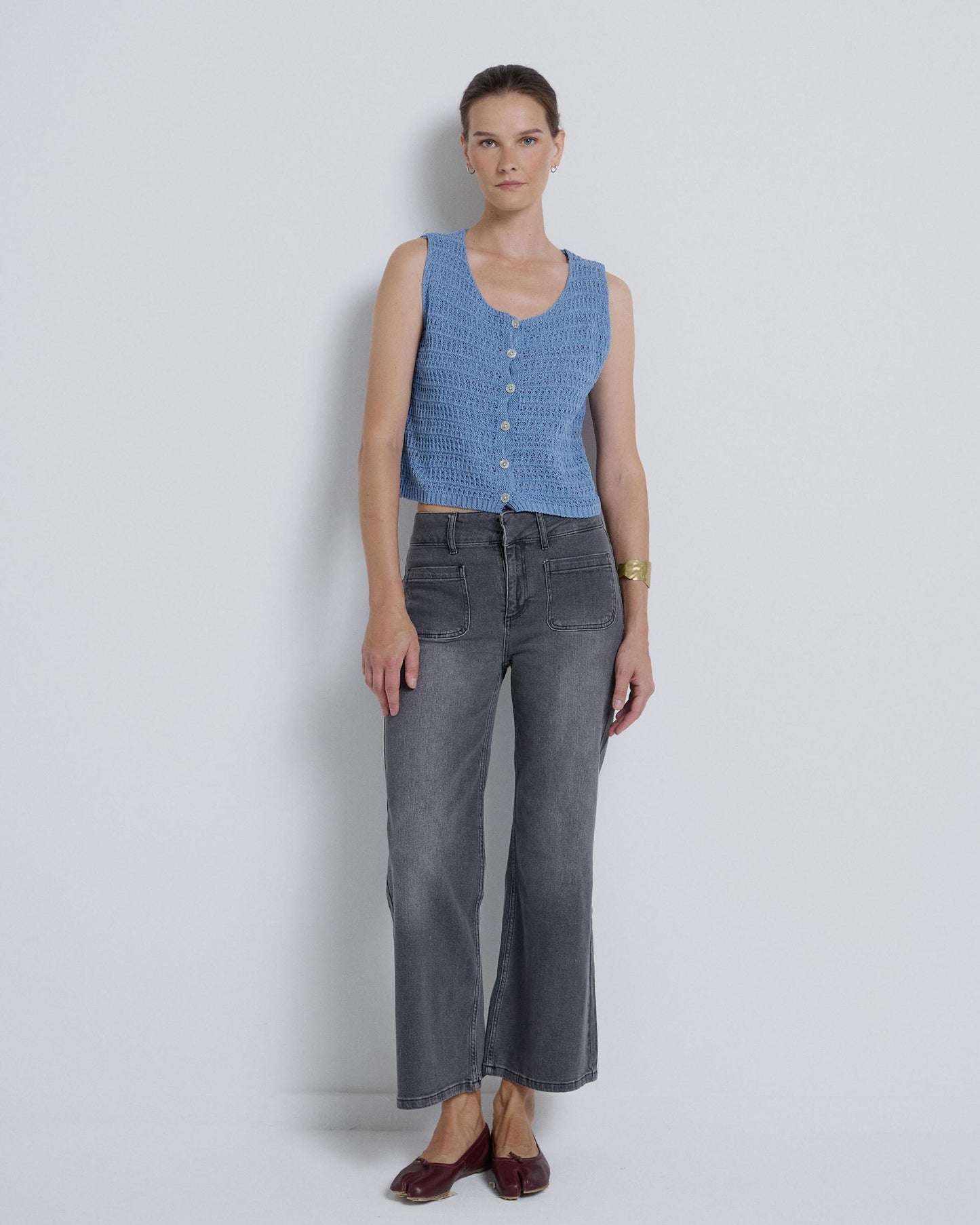 Chaleco Botones Calado Azul