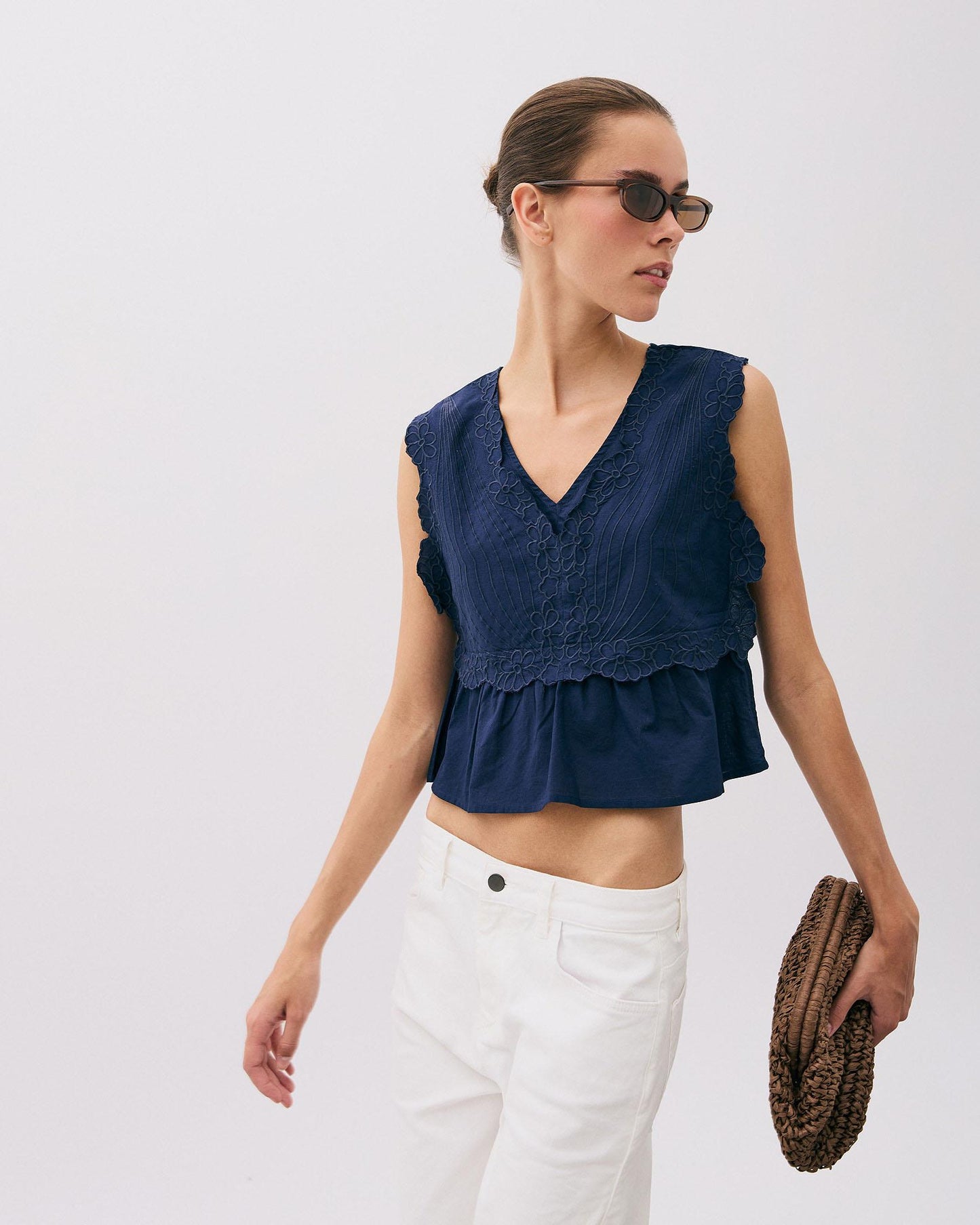 Top Embroidered Flowers Navy Blue