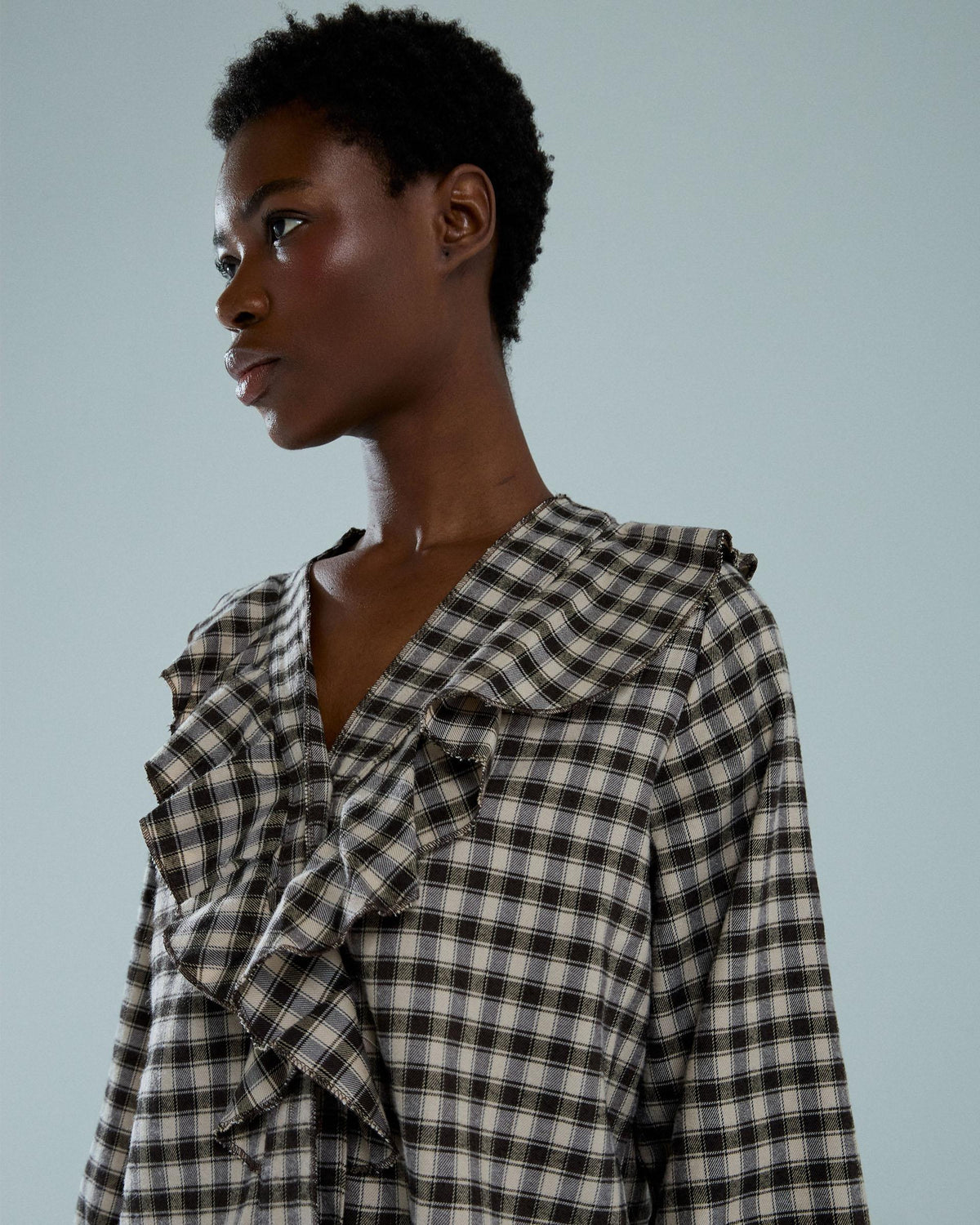 Blusa Volante Delantero Cuadros Marrón