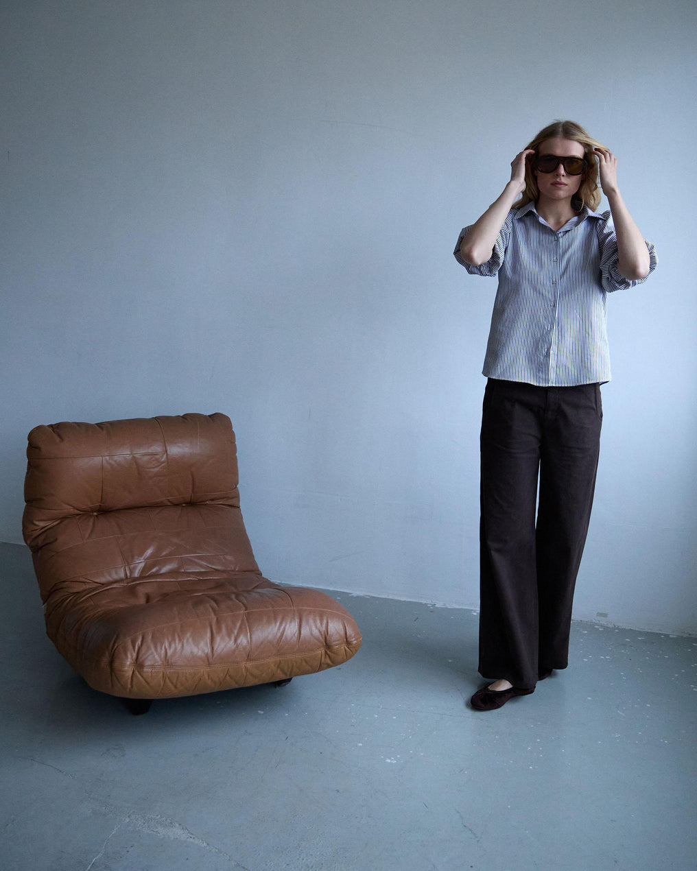 Camisa Rayas Manga Abullonada Azul Marino