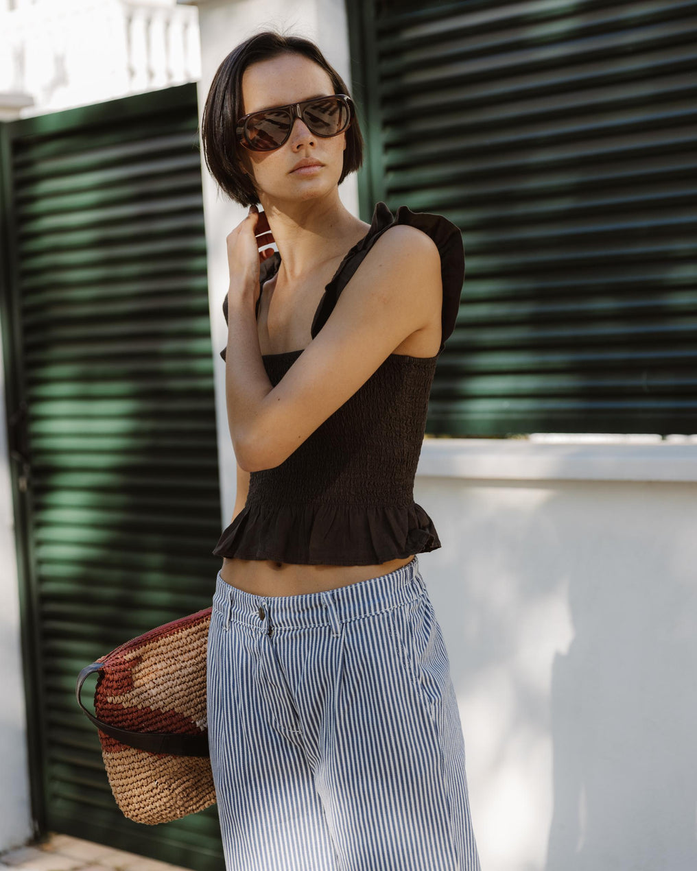 Top Nido De Abeja Volantes Tirantes Marrón