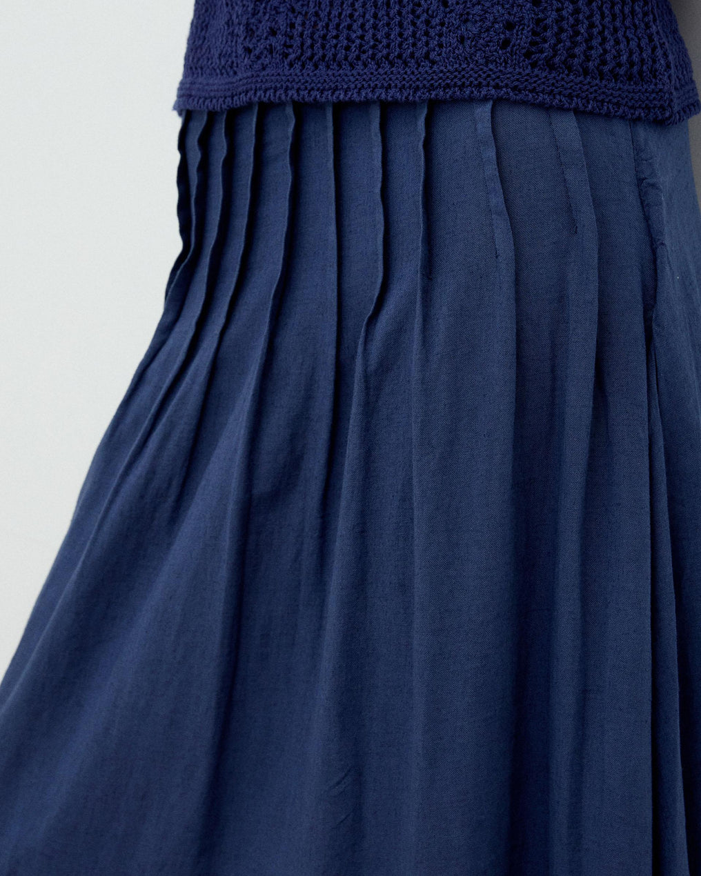 Navy Blue Linen Long Skirt with Pintucks