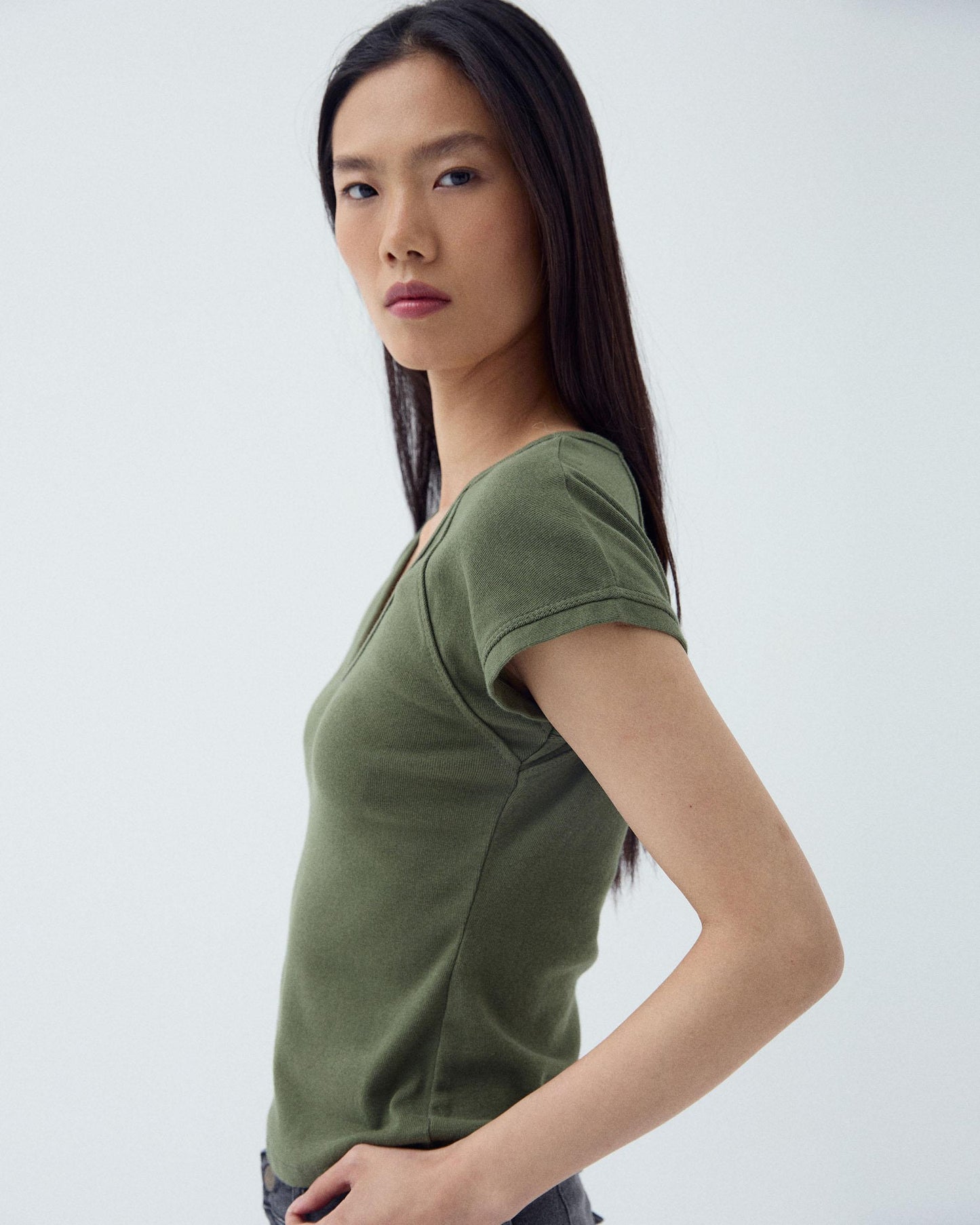 Dark Green Raglan Sleeve V-Neck T-Shirt