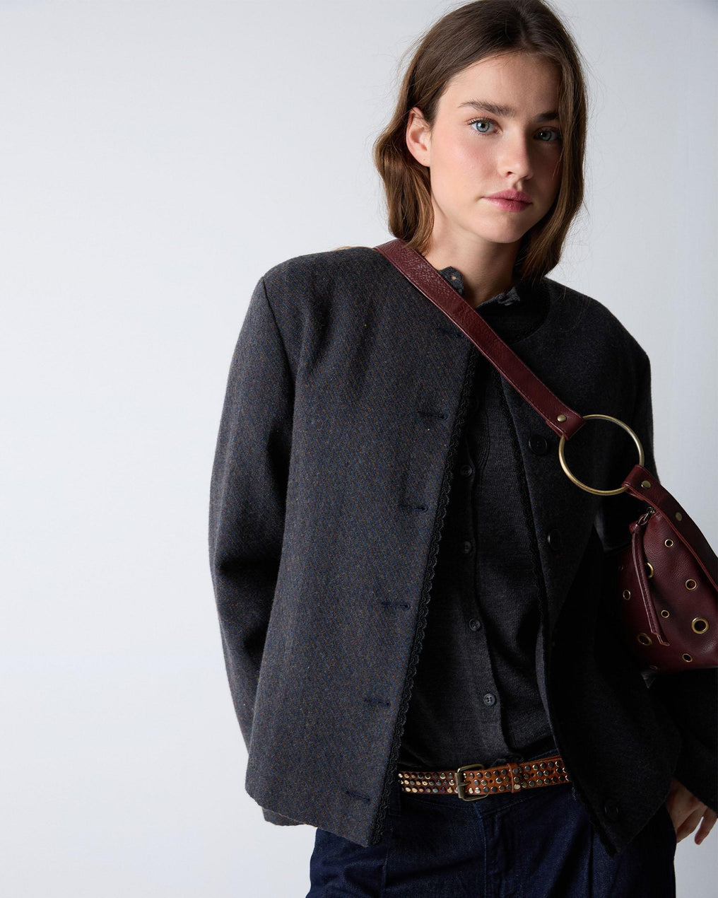 Chaqueta Botones Puntilla Mezcla Lana Marrón