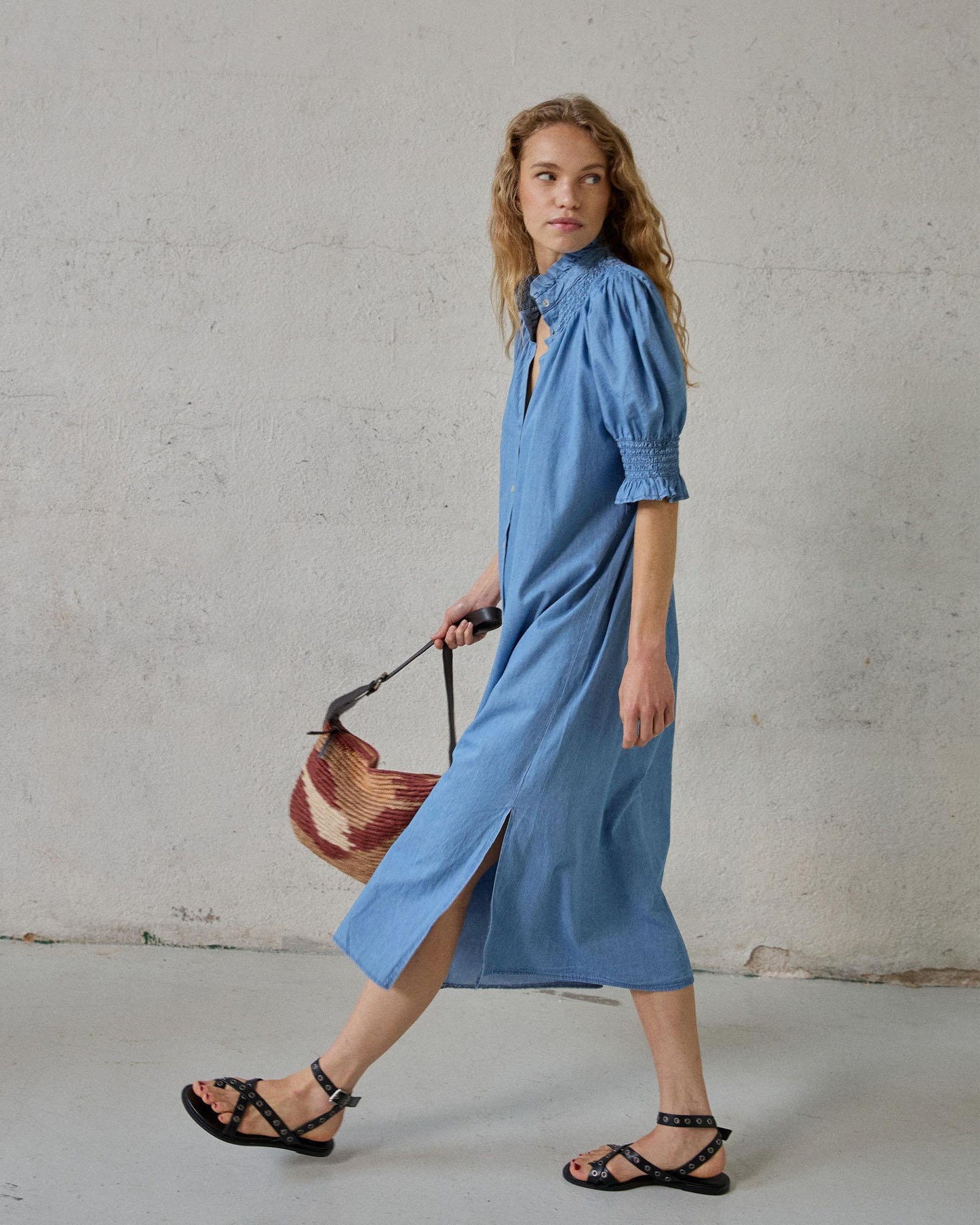Vestido Manga Corta Tipo Denim Azul Jeans