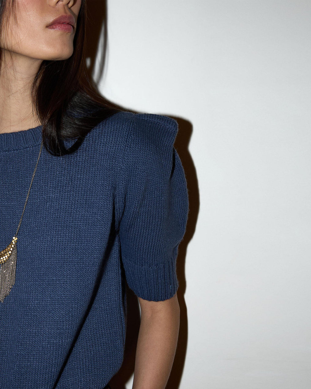 Dark Blue Knit Top with Shoulder Pads