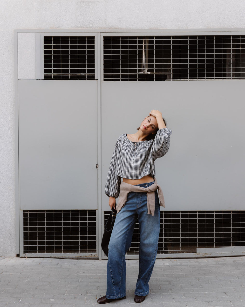 Black Check Tie-Front Blouse
