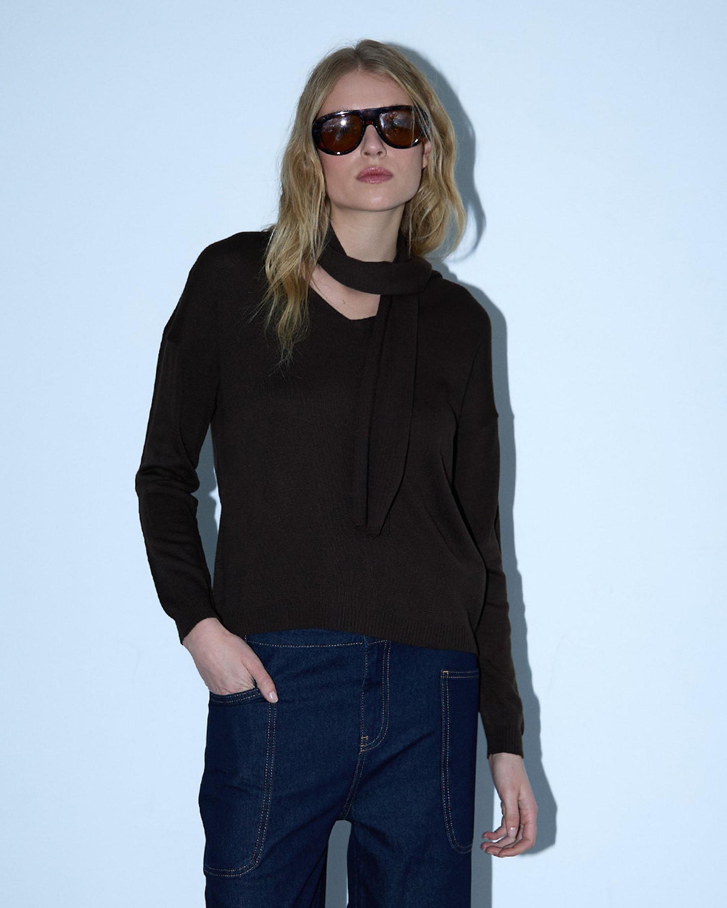 Jersey Punto Fino Bufanda Marrón