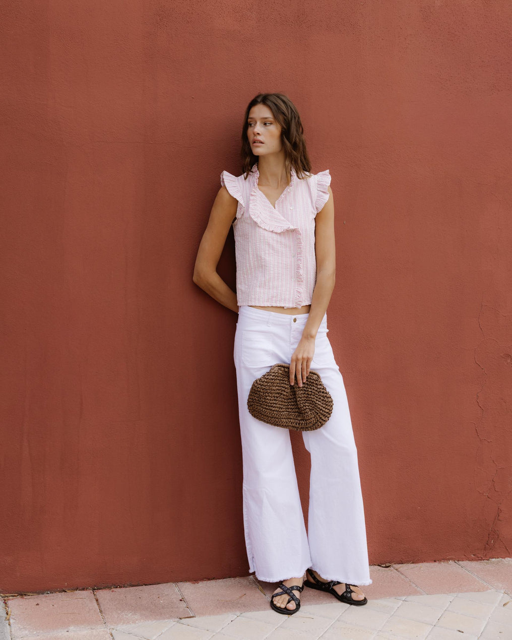 Blusa Sin Mangas Volantes Rayas Rosa