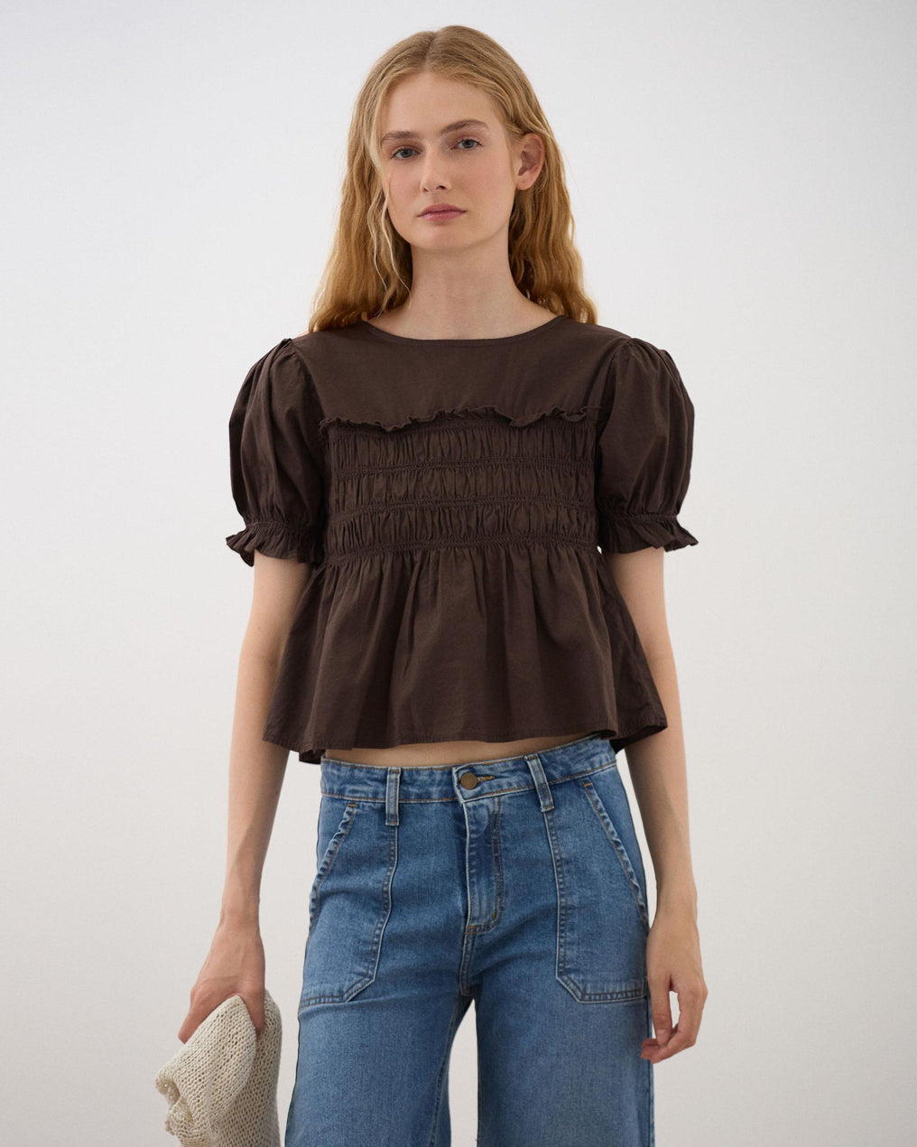Puff Sleeve Smocked Blouse Brown