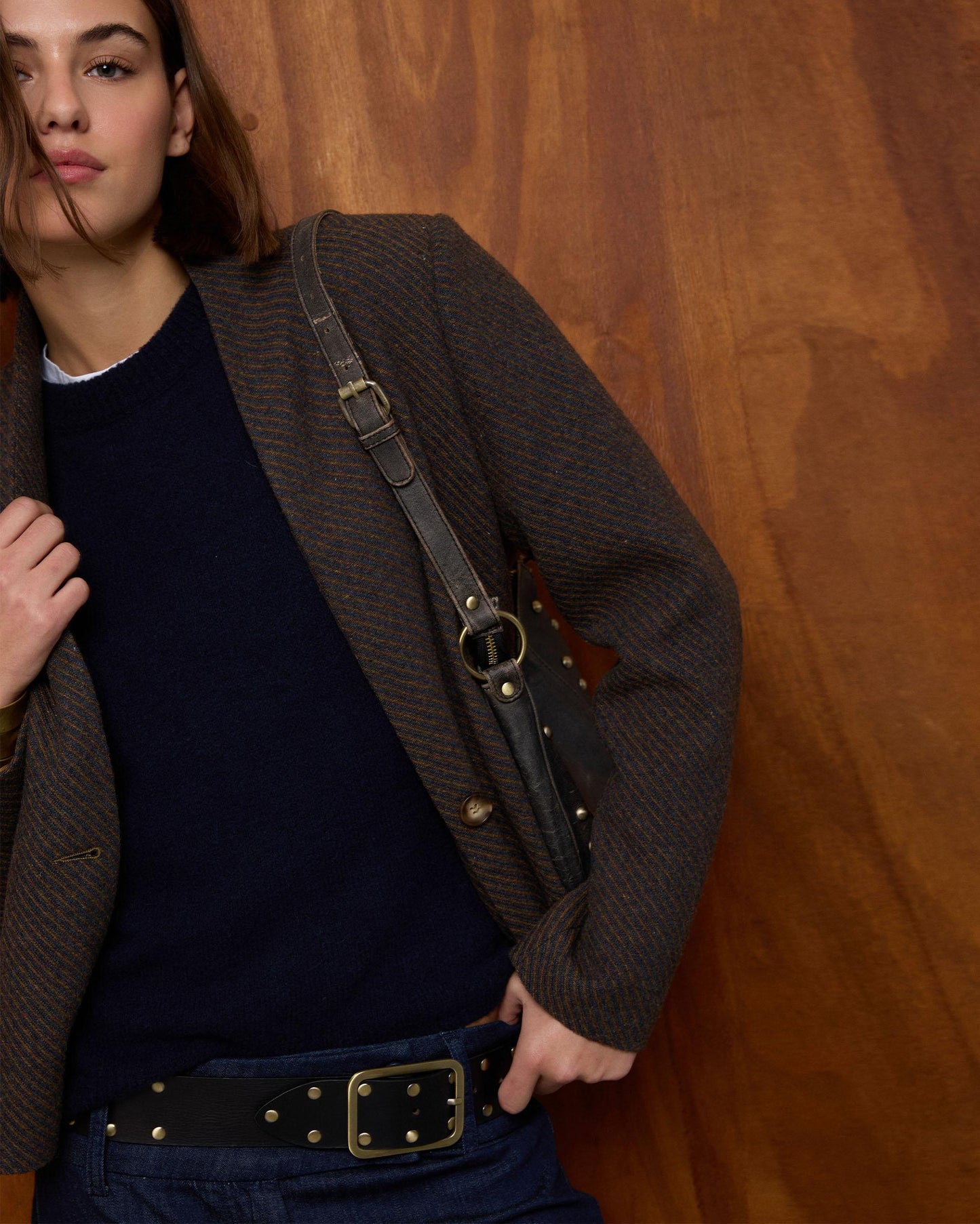 Chaqueta Cuello Subido Rayas Mezcla Lana Marrón