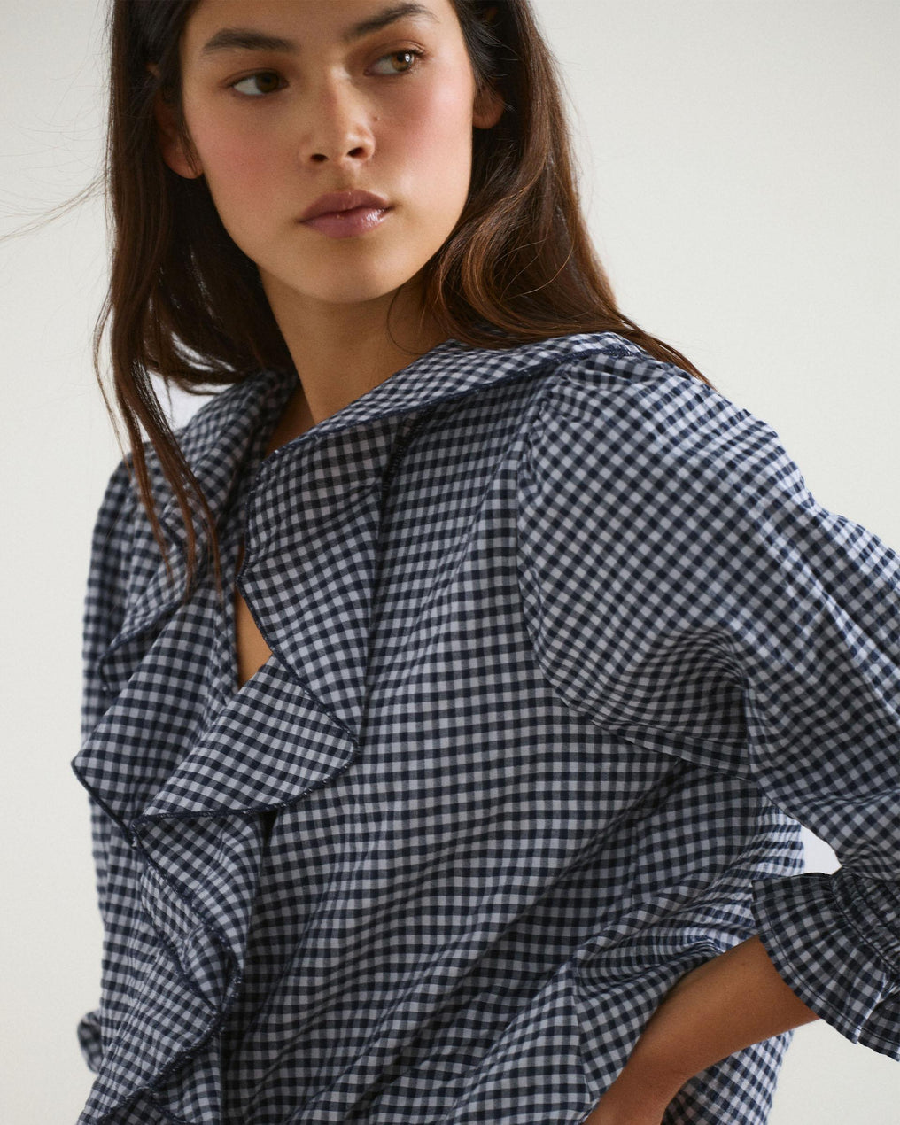 Dark Blue Gingham Blouse with Front Ruffles