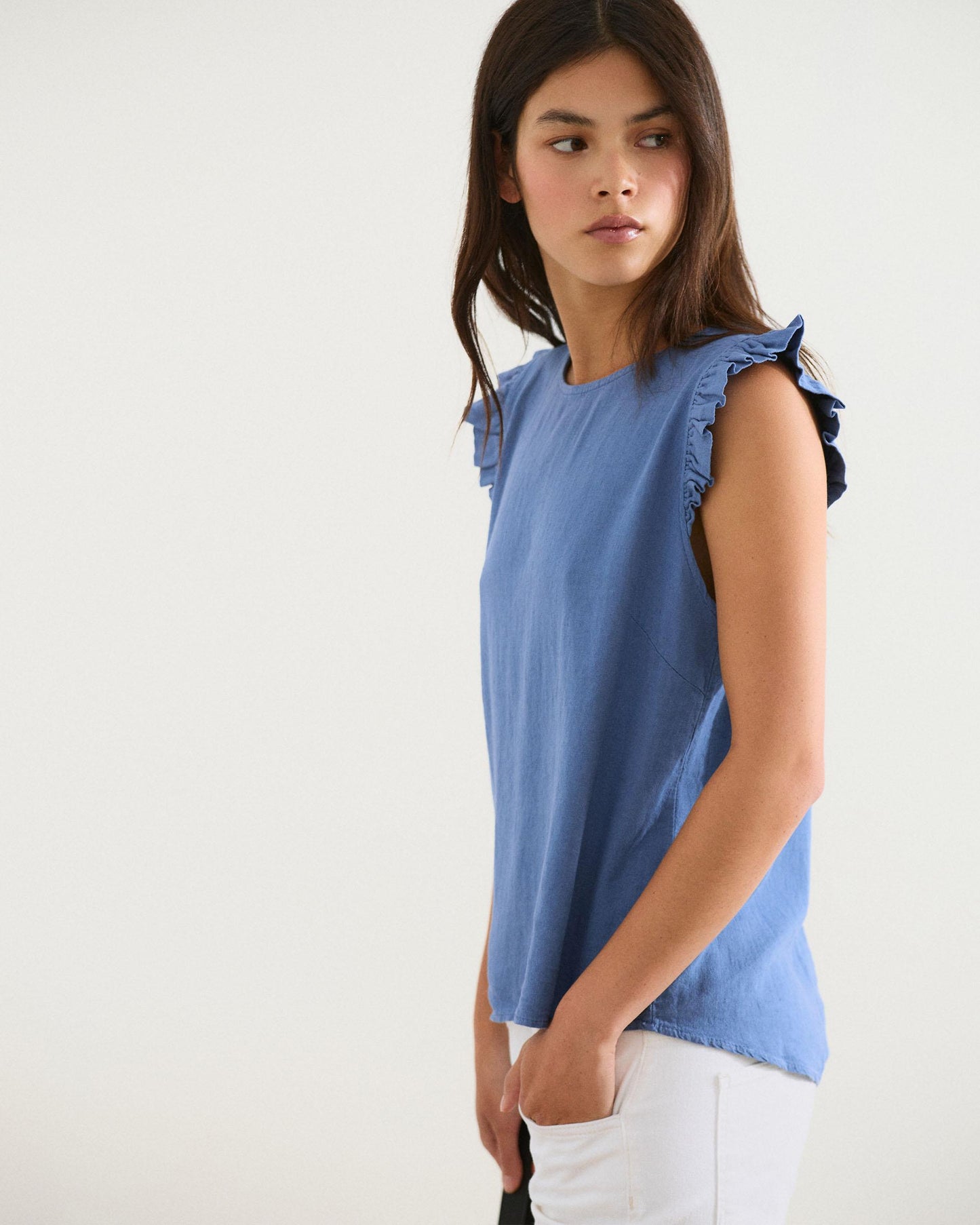Blue Linen Back Button Top