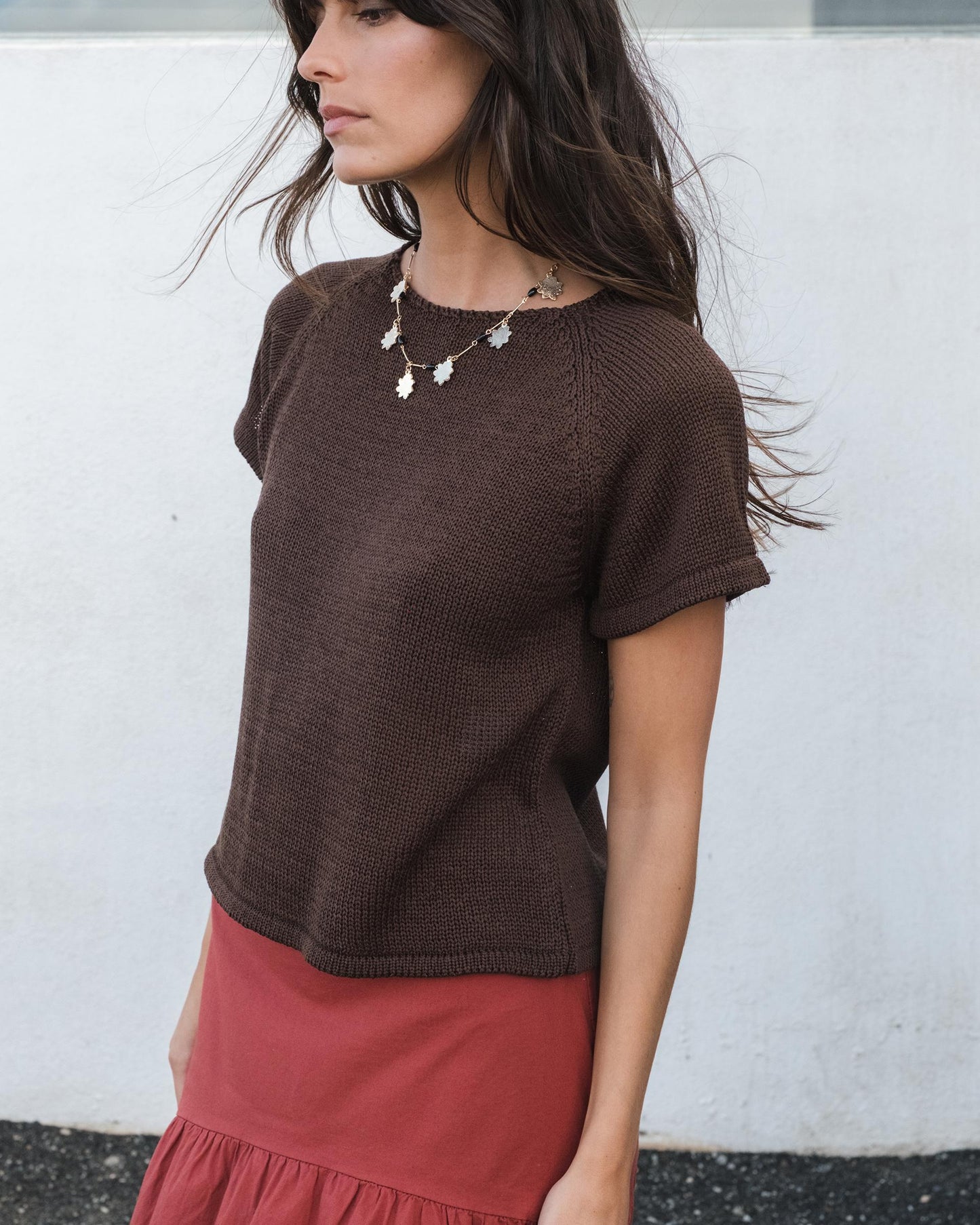 Blusa de malha castanha de manga curta