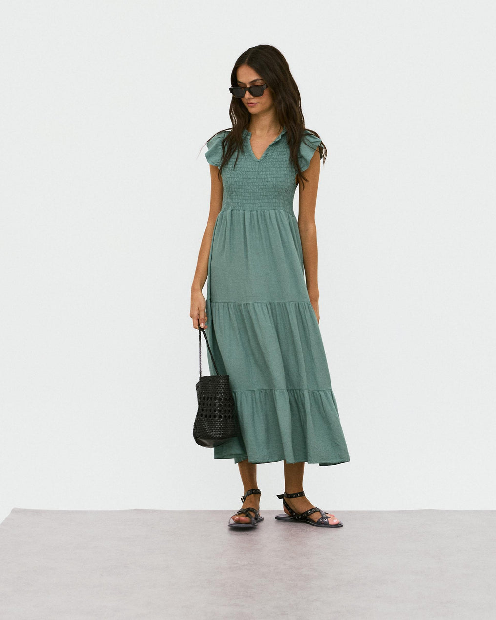 Vestido Largo Lino Nido De Abeja Verde Agua