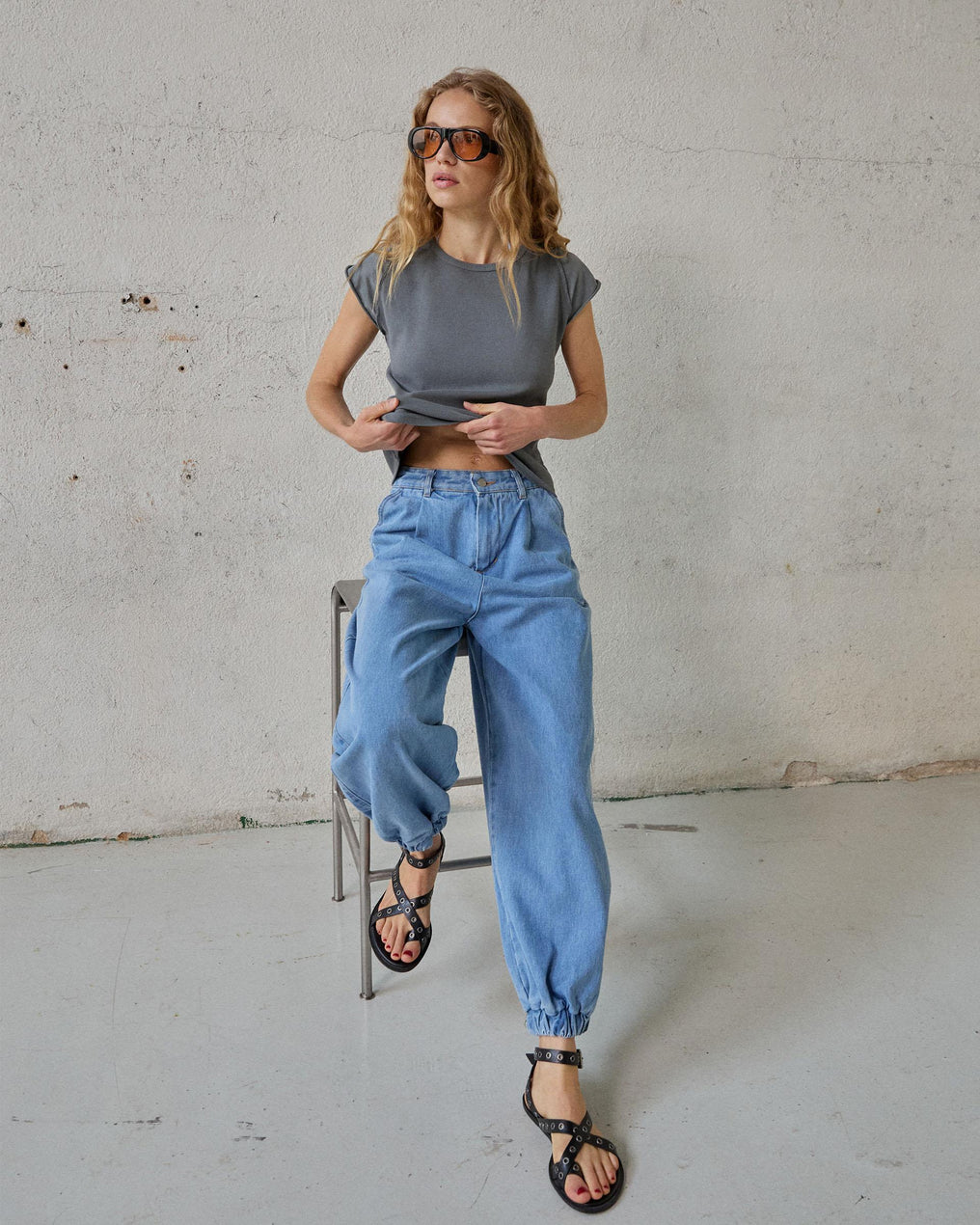 Jeans Bombacho Pregas Azul