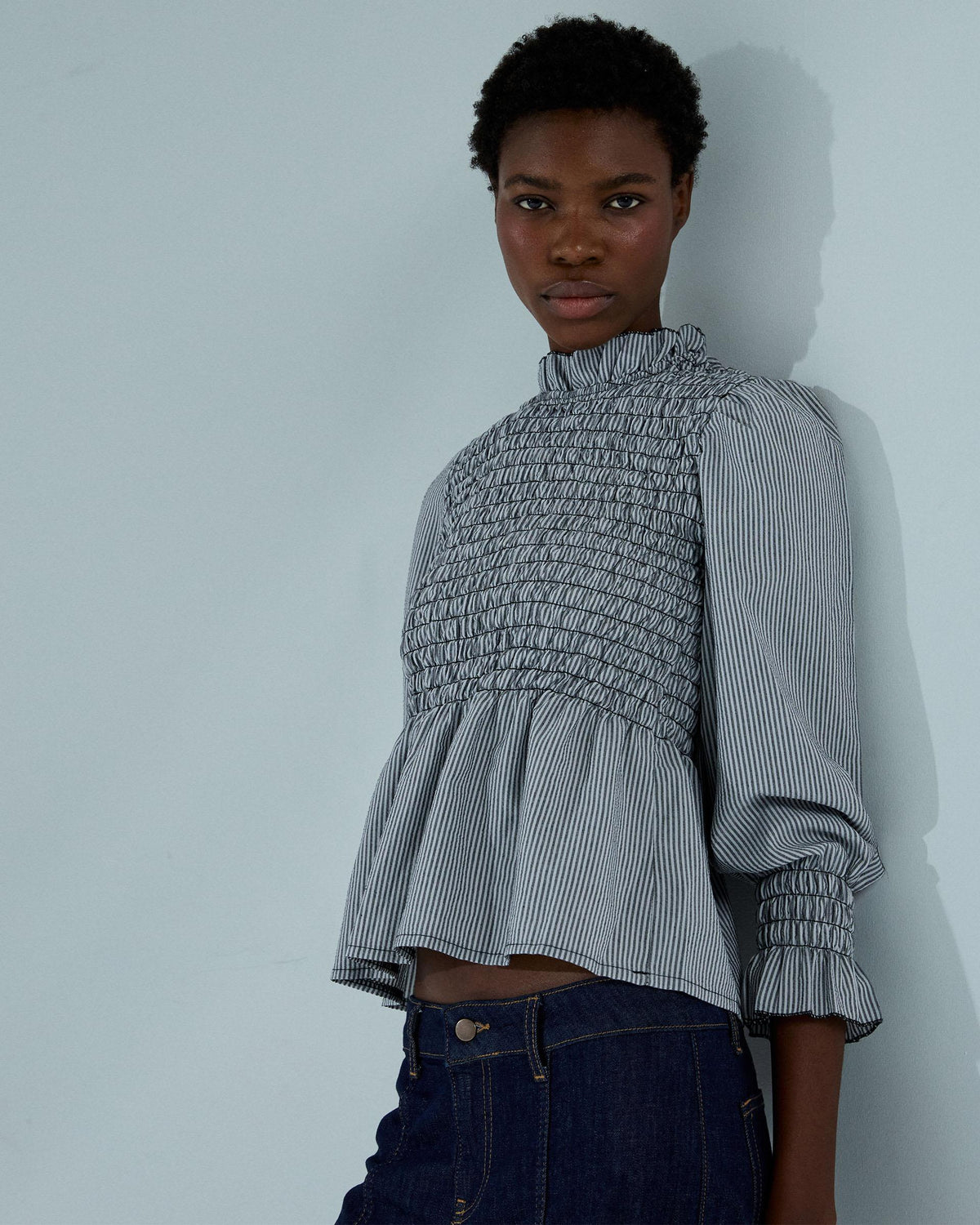 Blusa Manica Lunga Goffrata Righe Nera