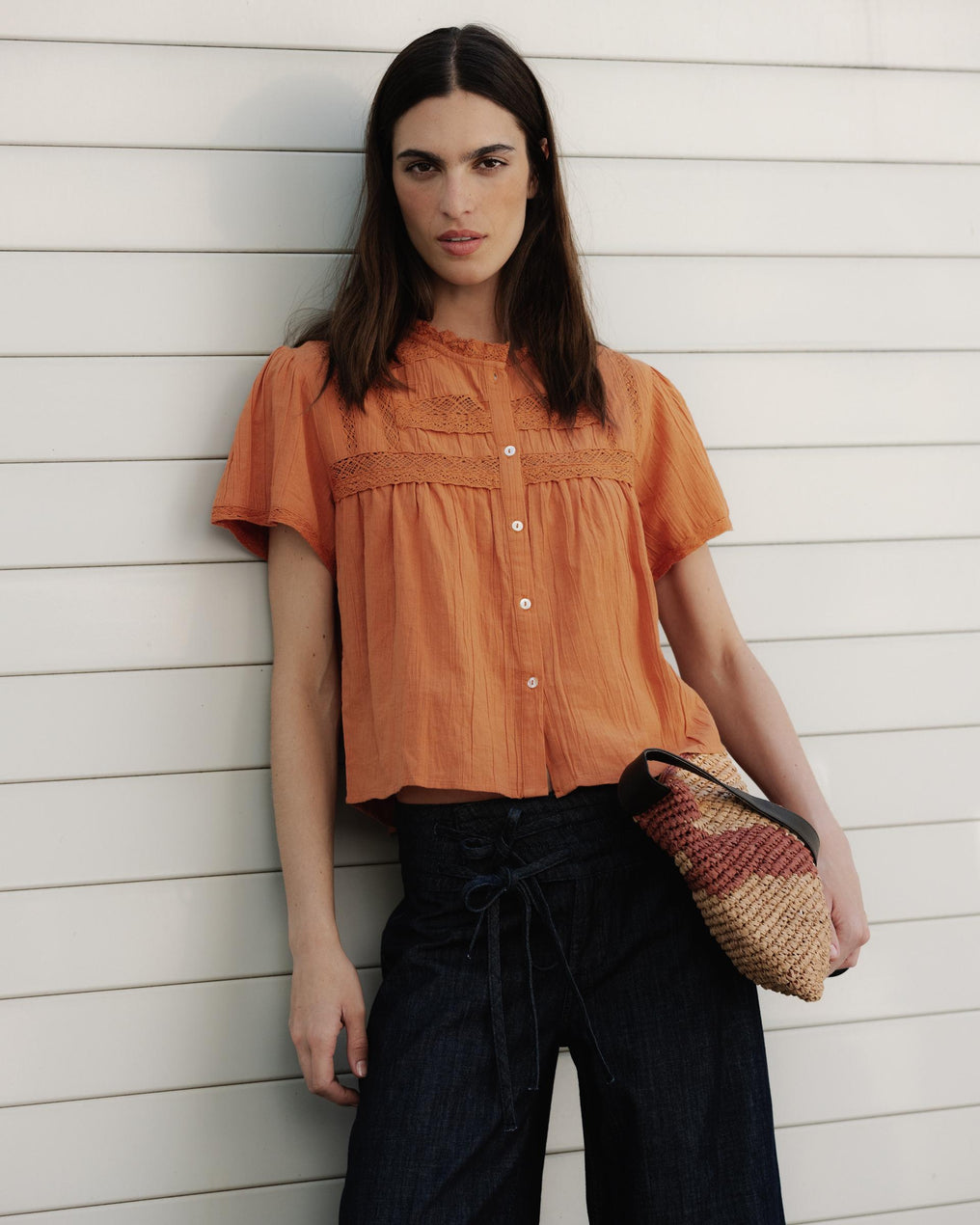 Blusa Puntillas Delanteras Botones Naranja