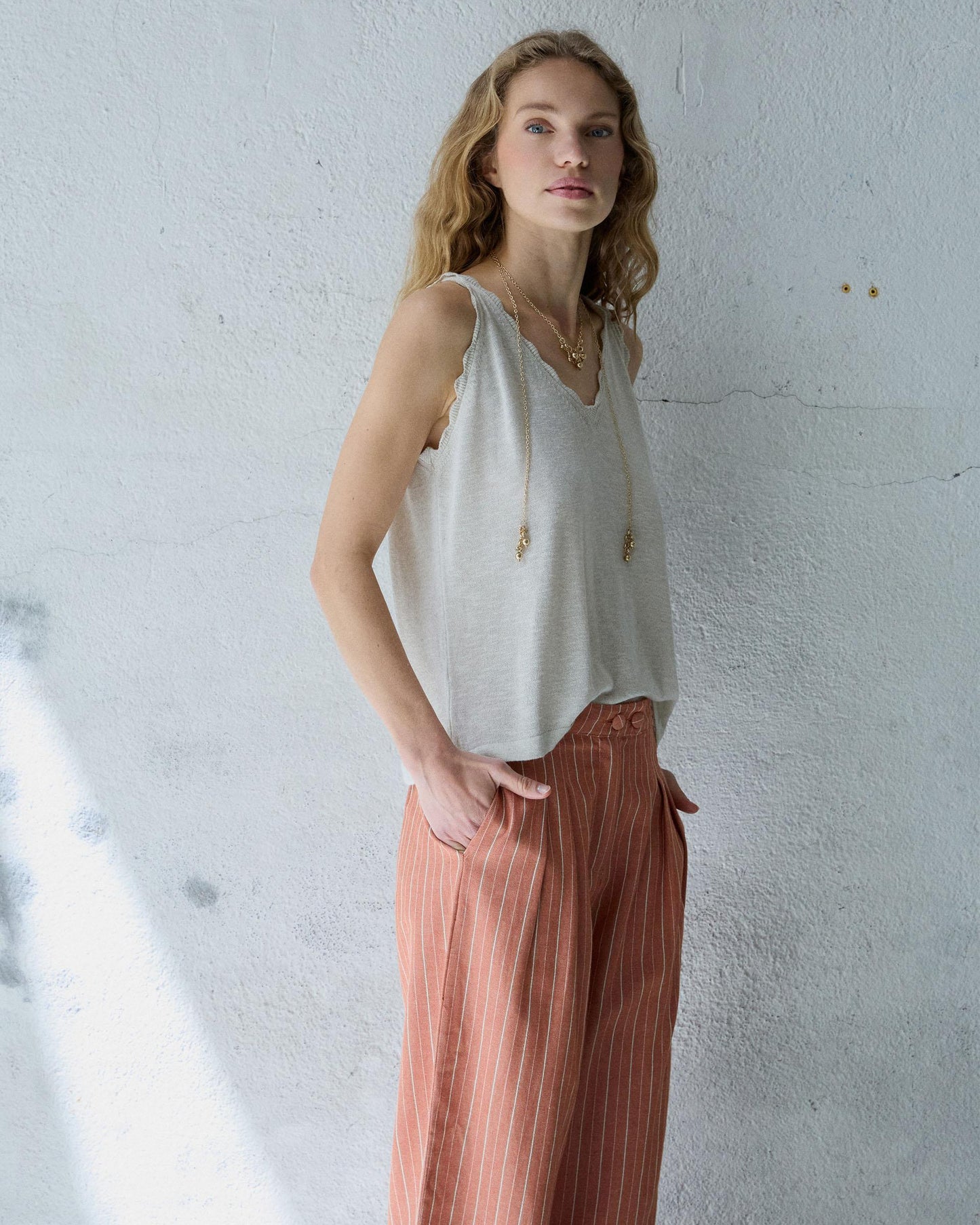 Beige Wavy Detail Top