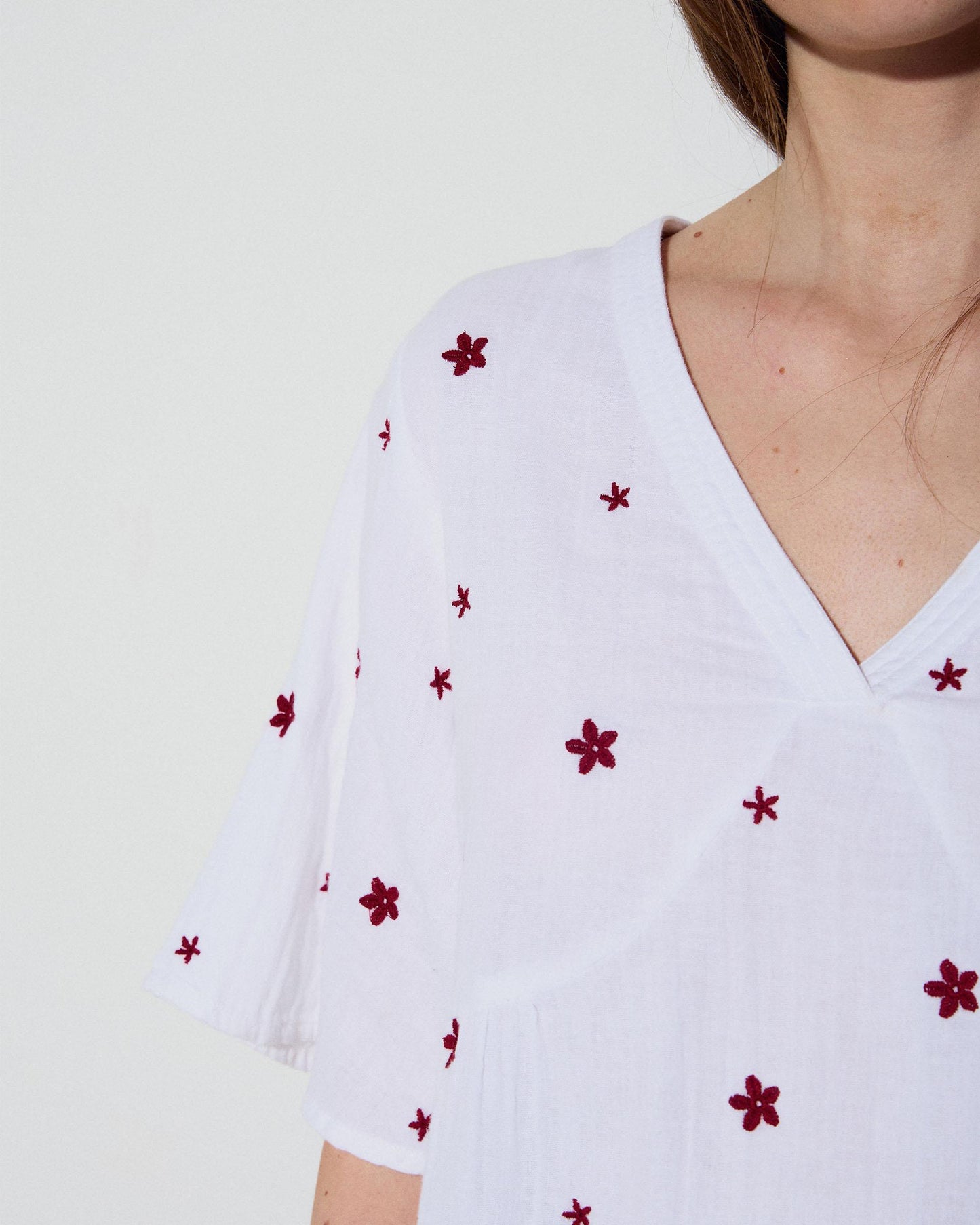 Blouse Décolleté en V Broderies Floraux Blanc