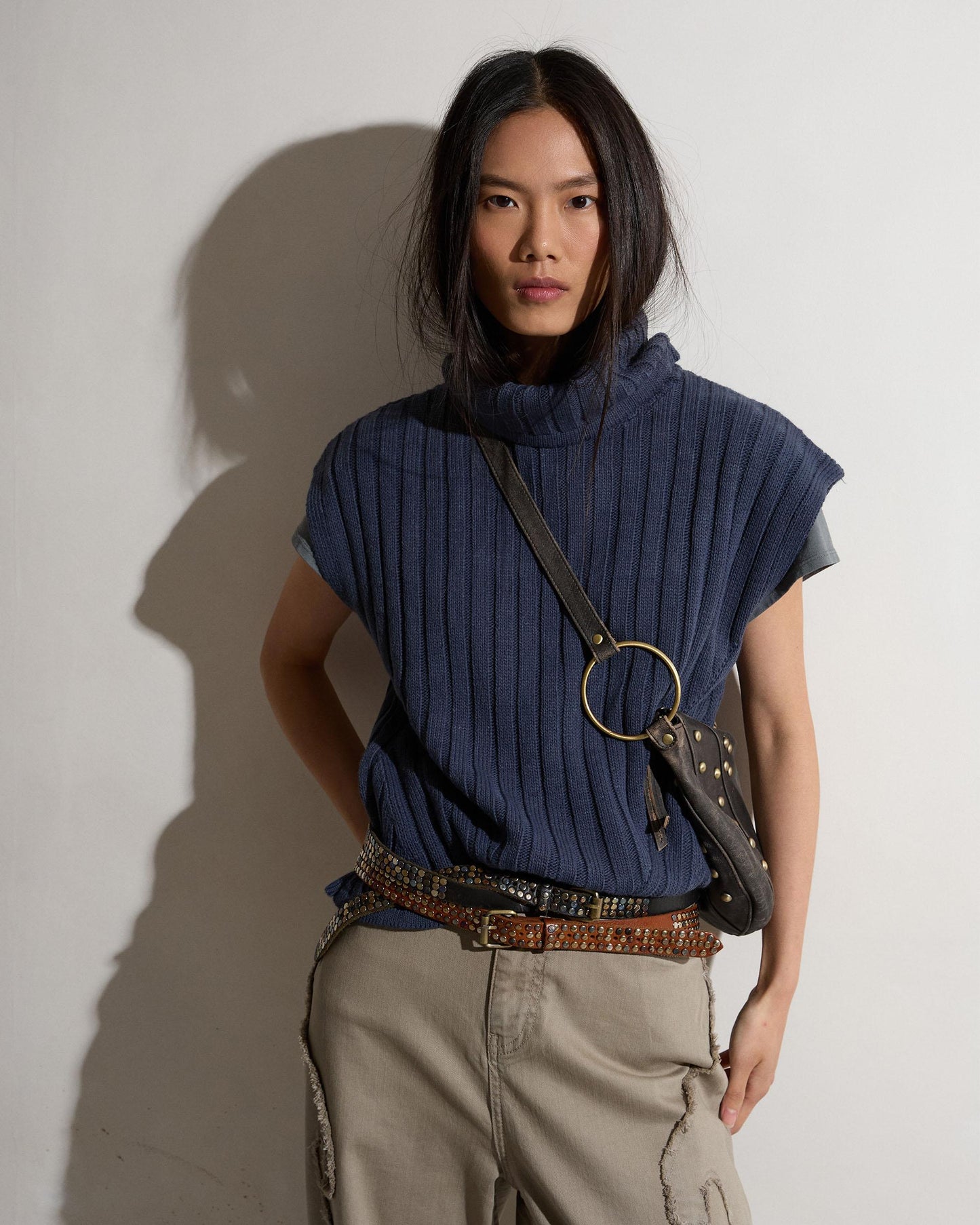 Dark Blue Ribbed Turtleneck Knit Vest