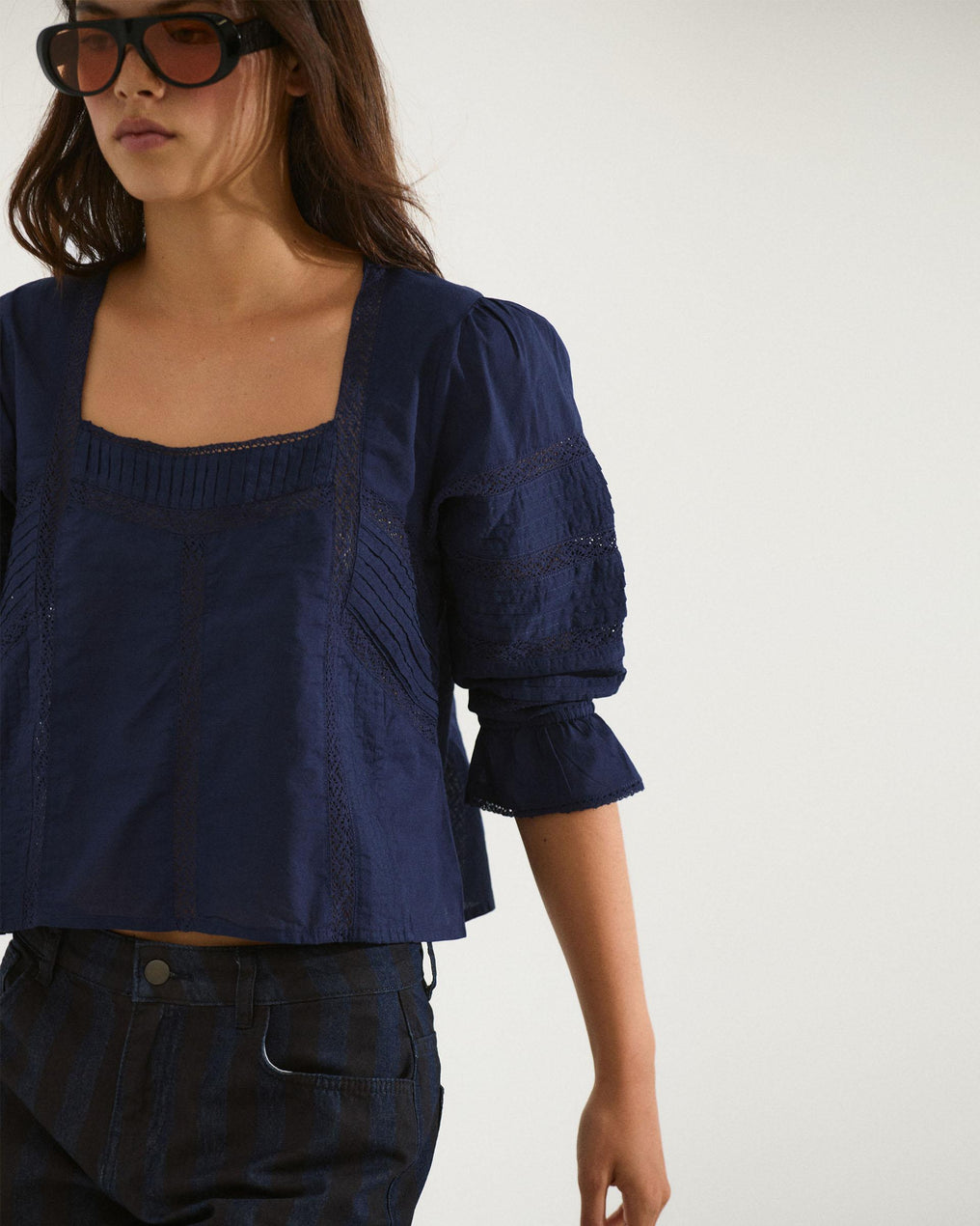 Navy Blue Square Neck Lace Blouse