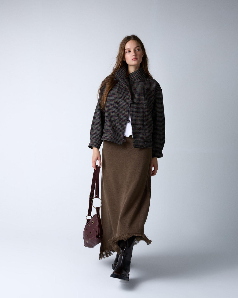 Dark Green Asymmetrical Fringed Knit Skirt