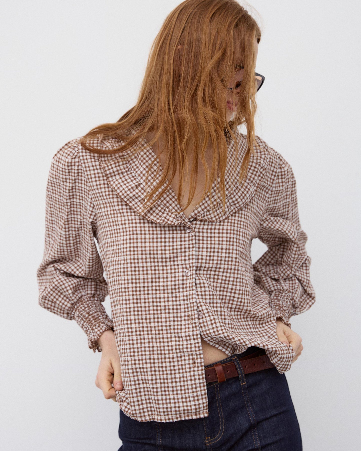 Blusa Folho Gola Vichy Castanho