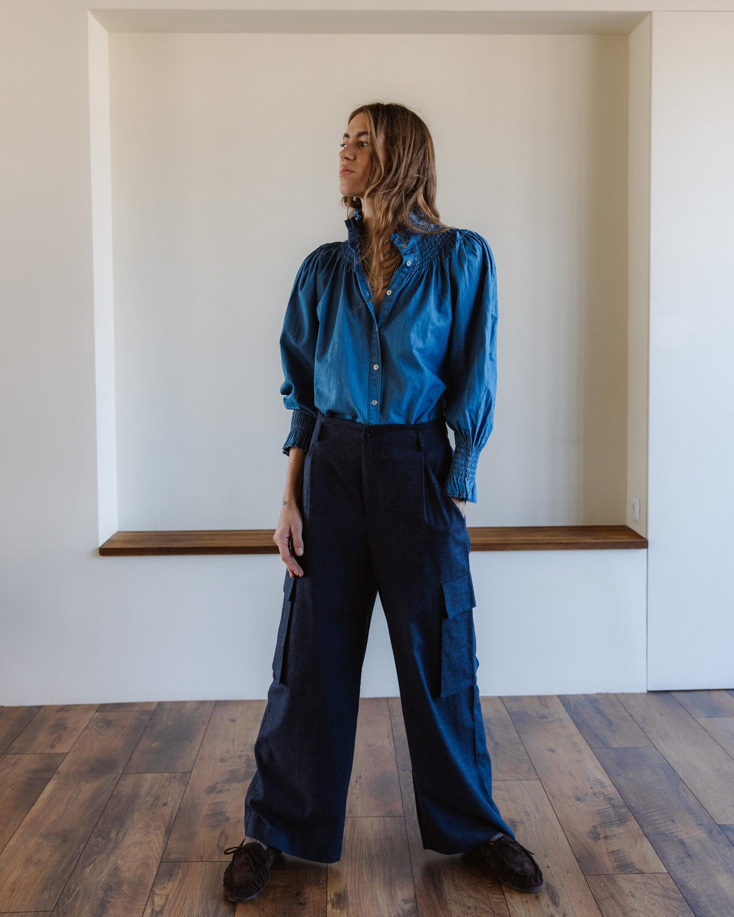 Navy Blue Cargo Trousers with Pleats and Pockets