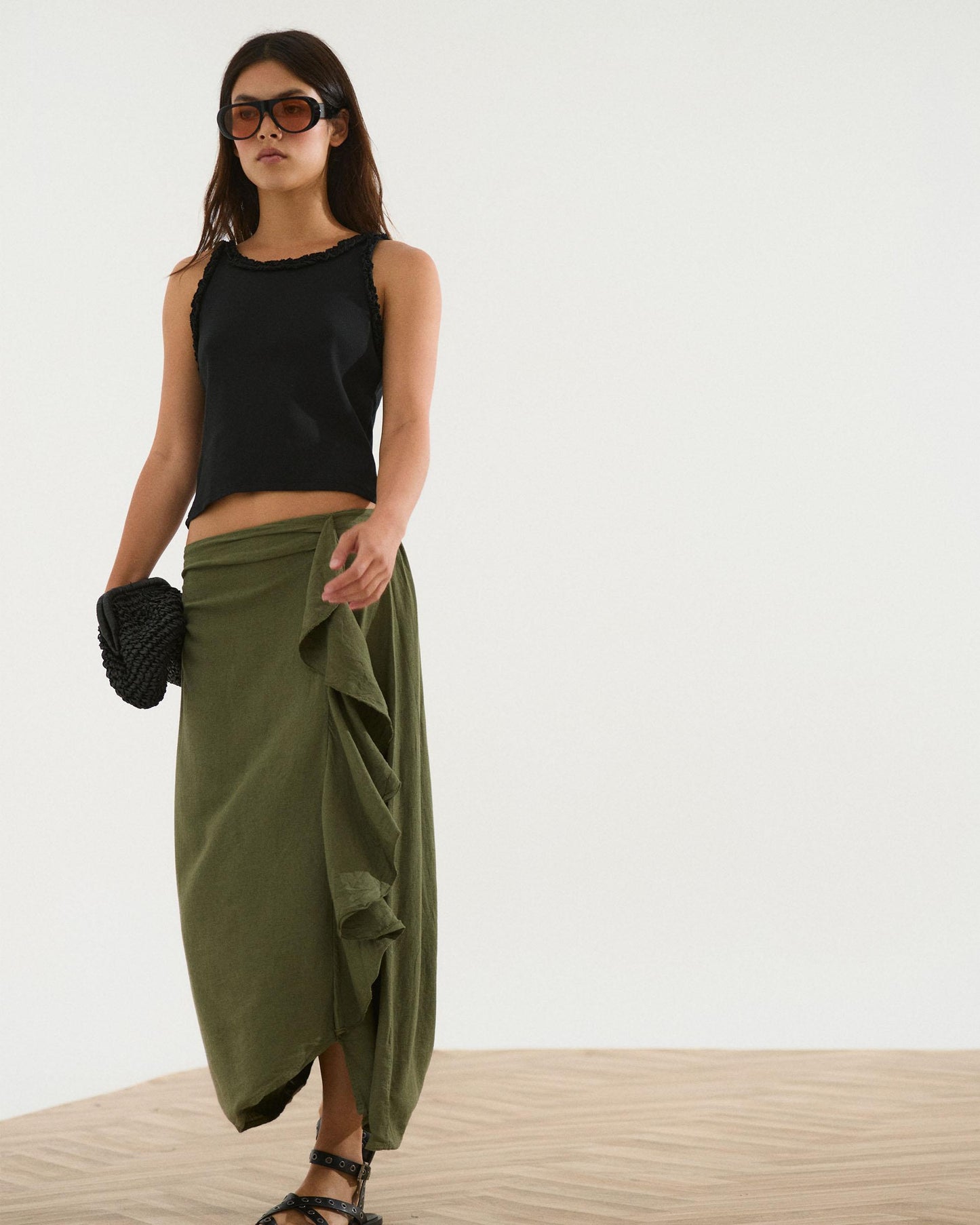 Falda Larga Volante Lateral Con Lino Verde Oscuro