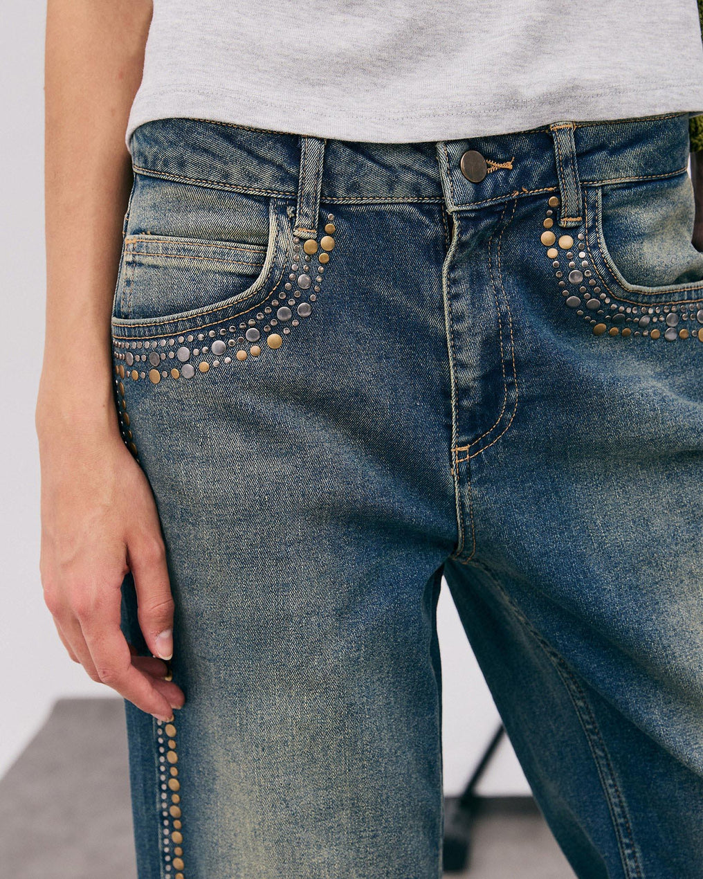 Blue Two-Tone Studded Jeans
