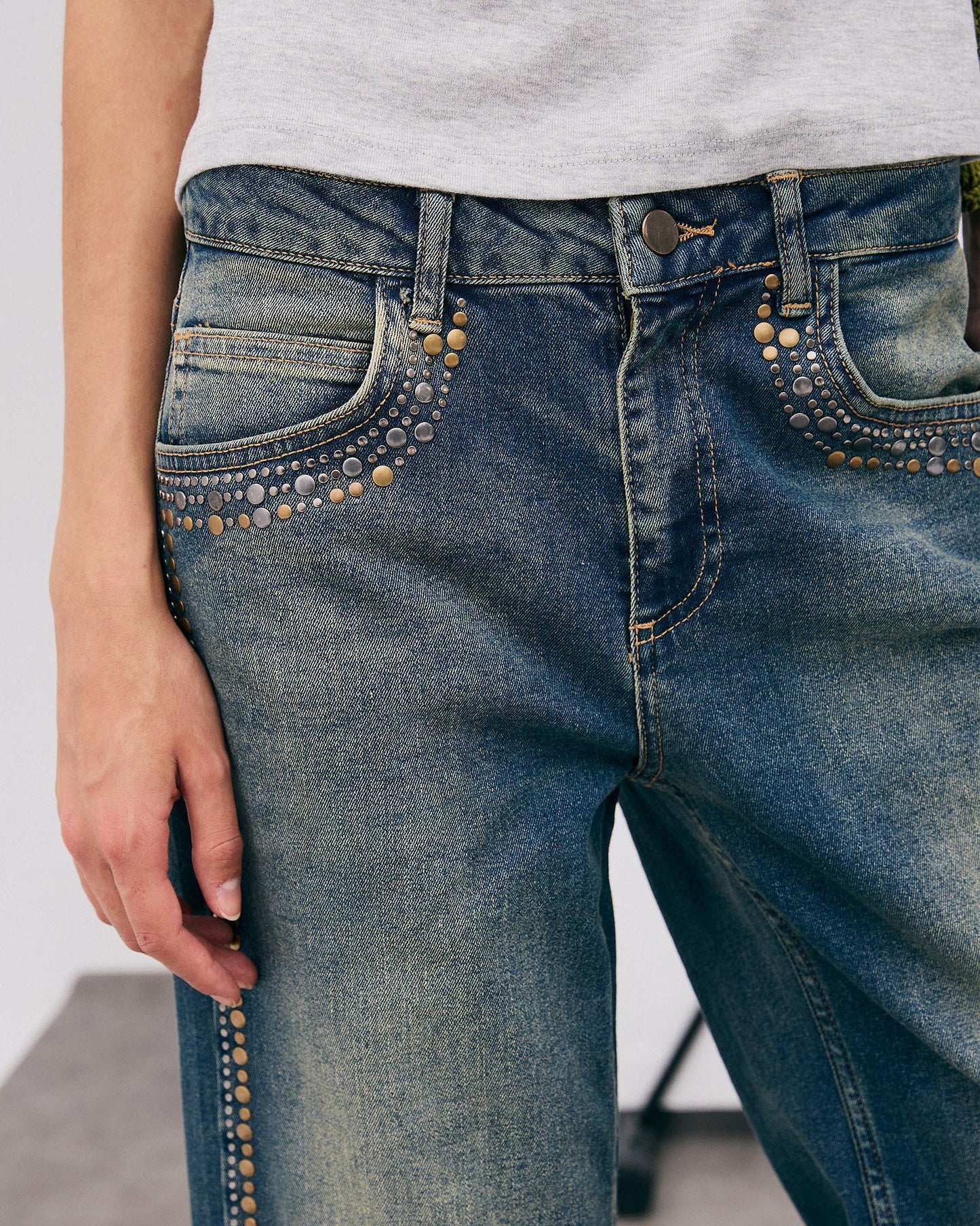 Blue Two-Tone Studded Jeans