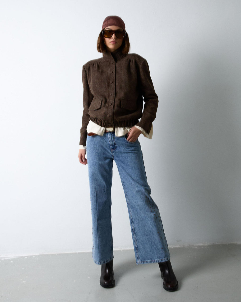 Chaqueta Bomber Canesú Cuadros Con Lana Marrón