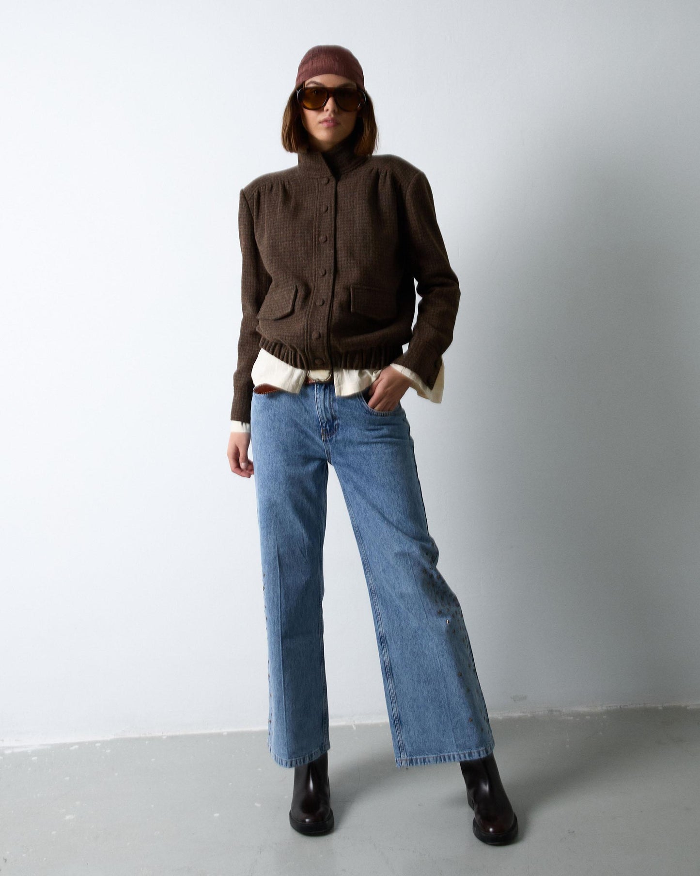 Chaqueta Bomber Canesú Cuadros Con Lana Marrón