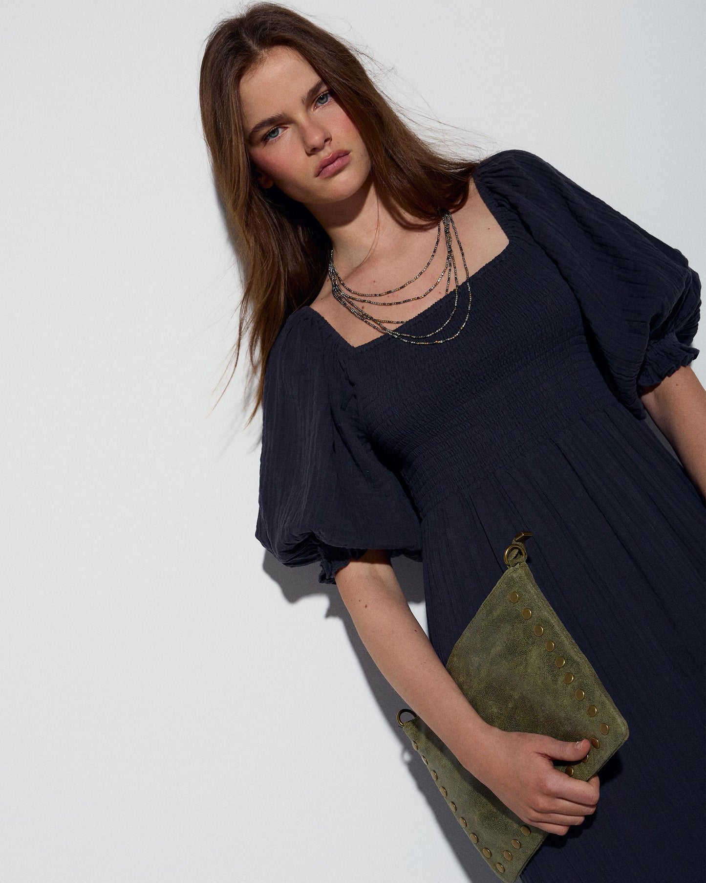 Vestido de Ninho de Abelha com Manga Abulonada Antracite