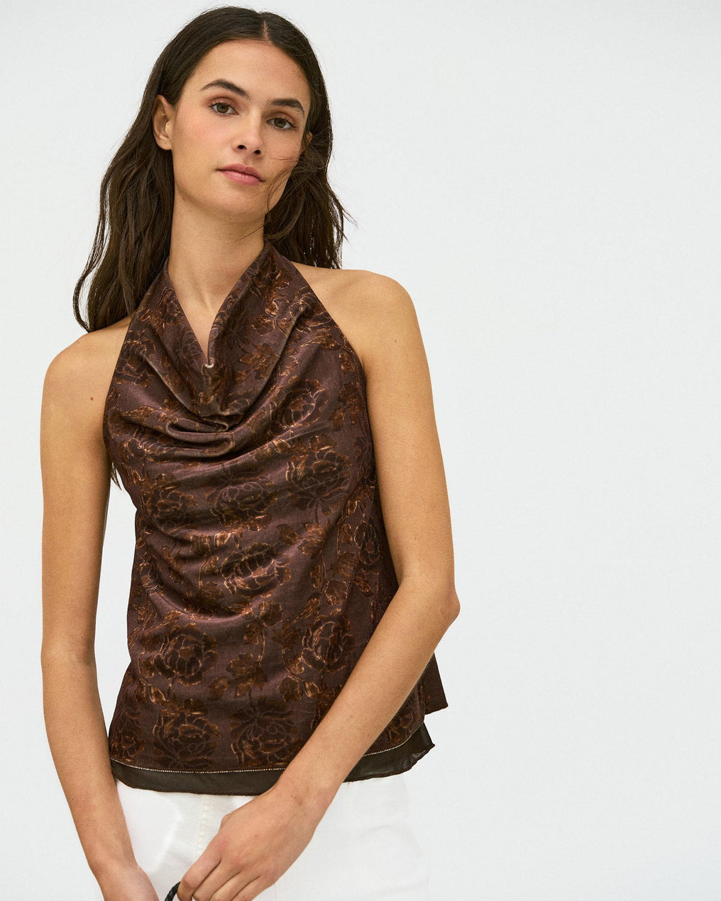 Top Halter Velours Imprimé Floral Marron