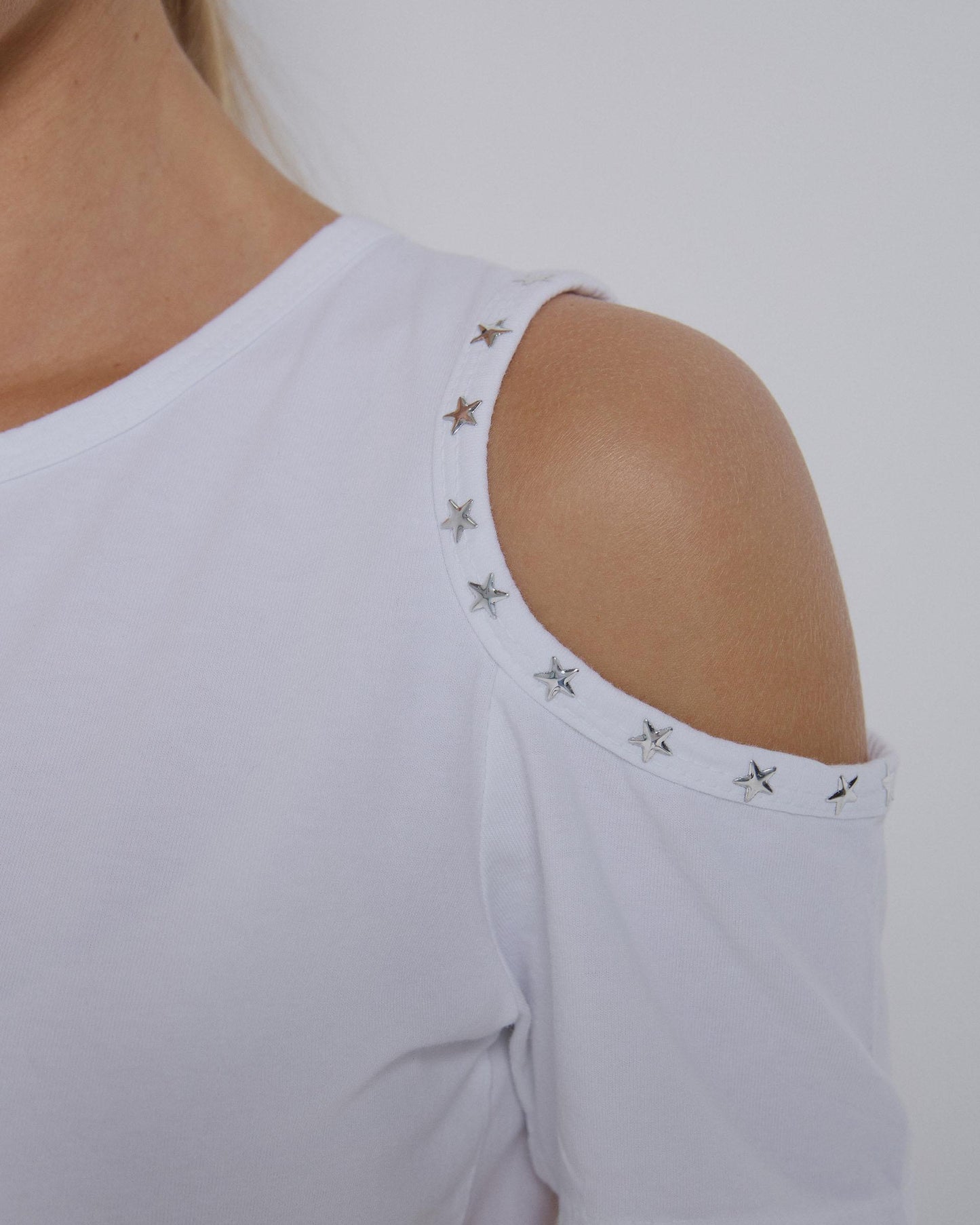 White Studded Shoulder Opening T-shirt