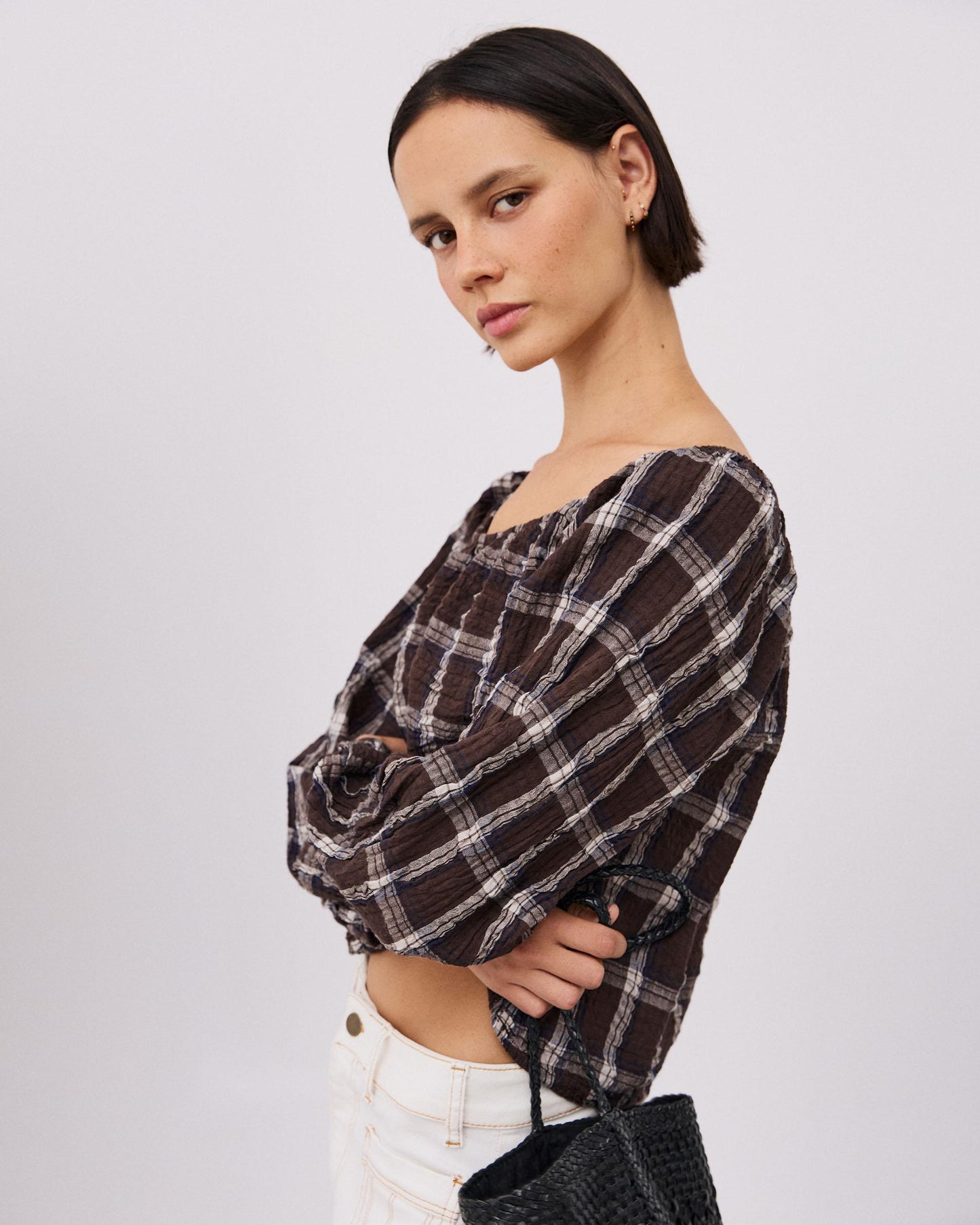 Blusa Escote Barco Cuadros Marrón