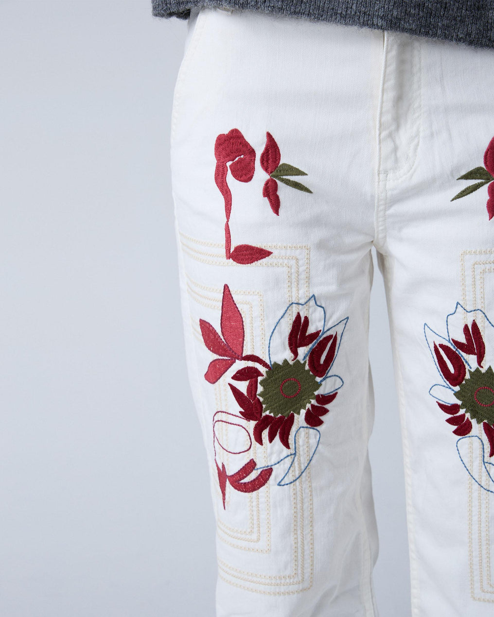 White Floral and Checkered Embroidered Jeans