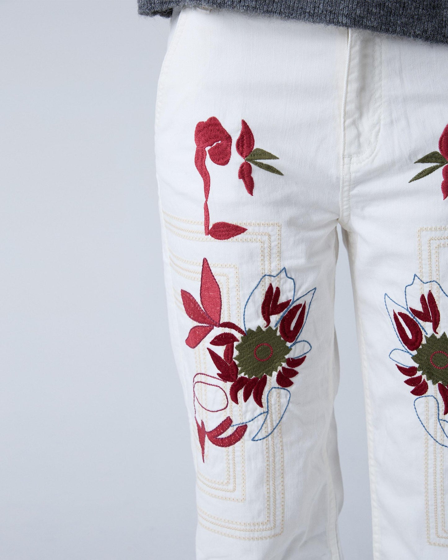 White Floral and Checkered Embroidered Jeans