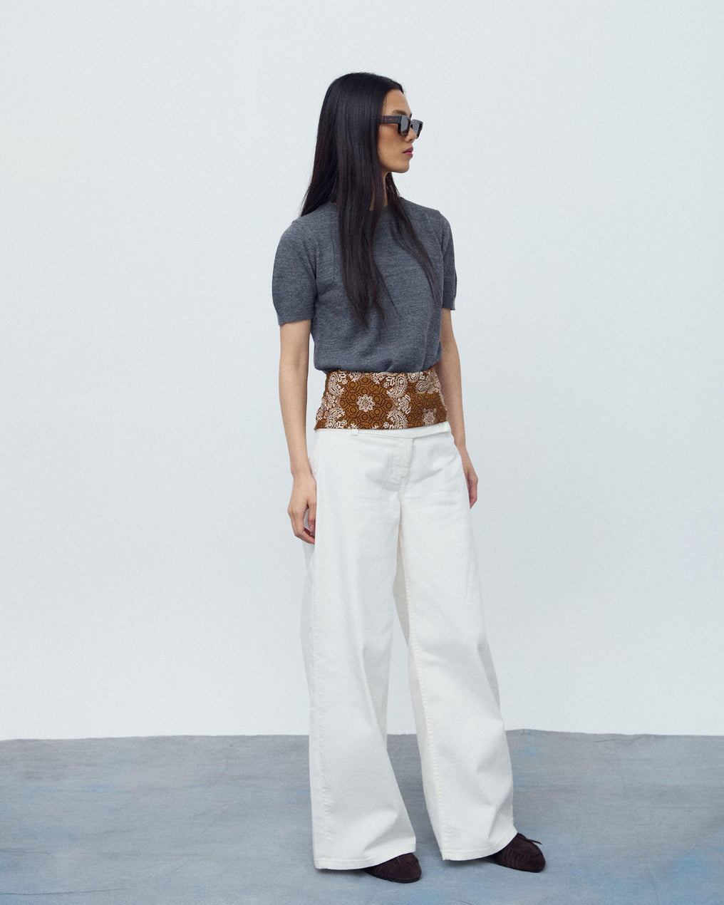 Top Malha Fina Manga Curta Cinzento