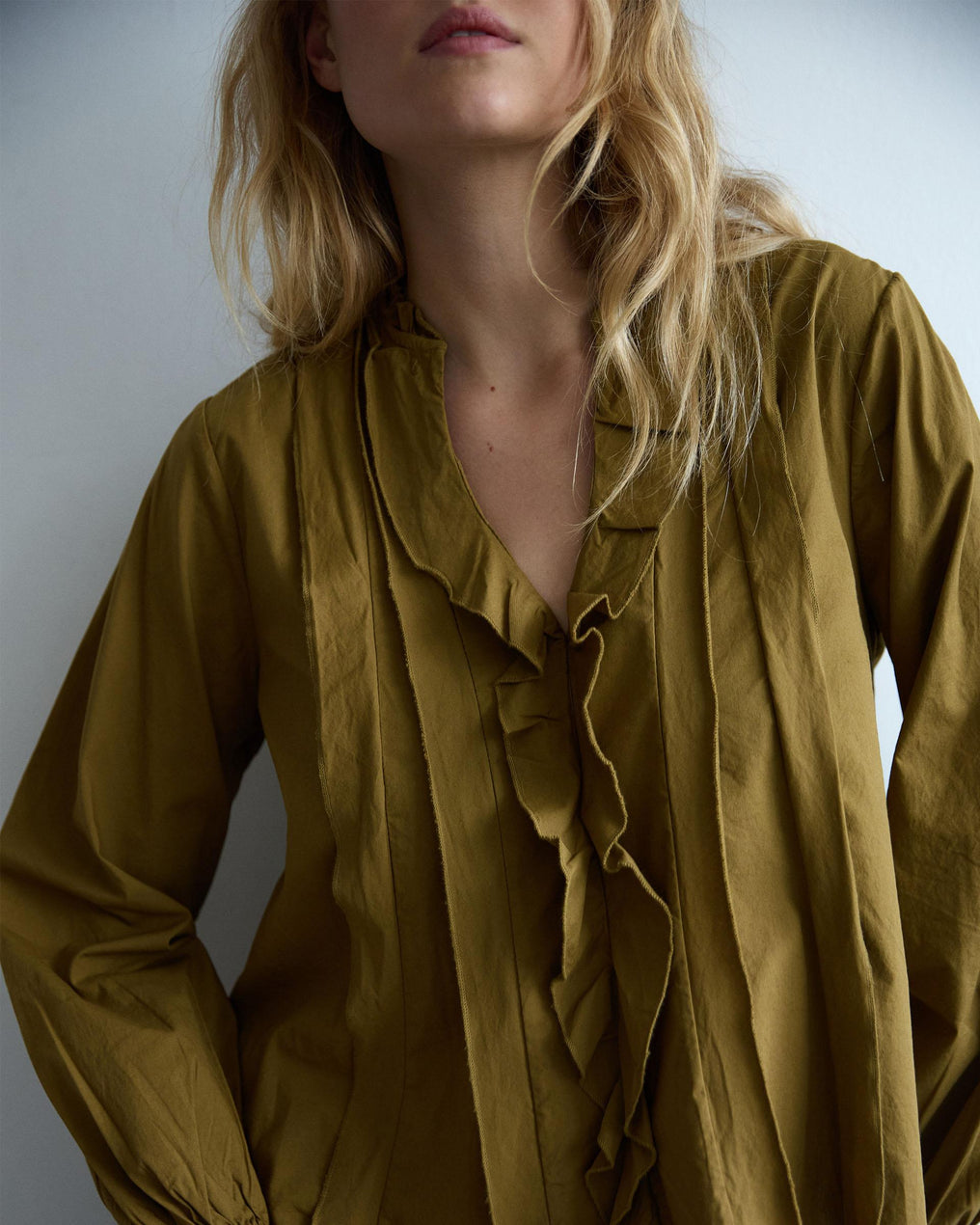 Green V-Neck Ruffle Blouse